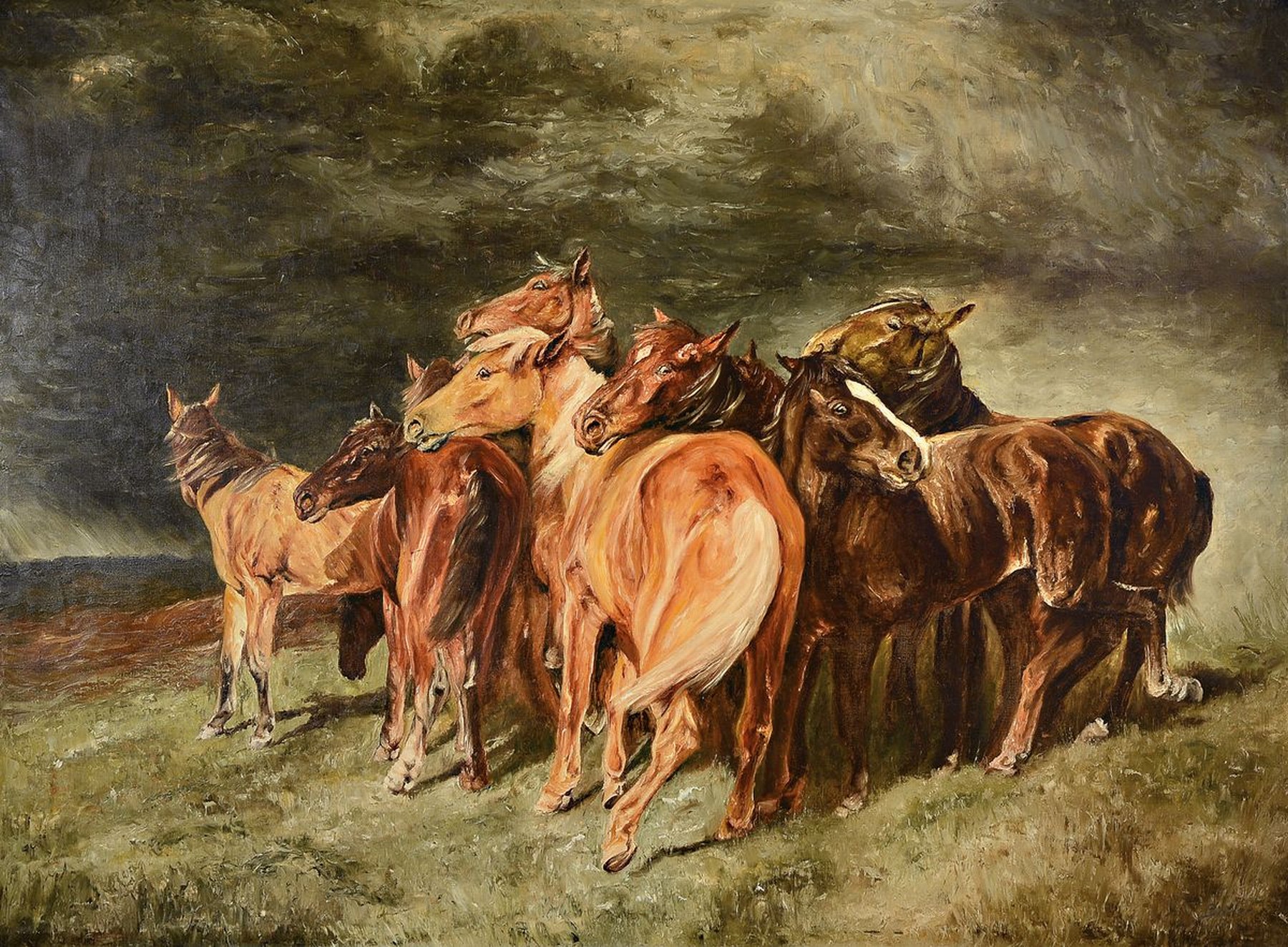 Unbekannter Künstler des 20.Jh., nach dem Vorbild Alfred Roloffs (1879-1951), nach dem Original "Pferde im Gewittersturm", großes Format, ...