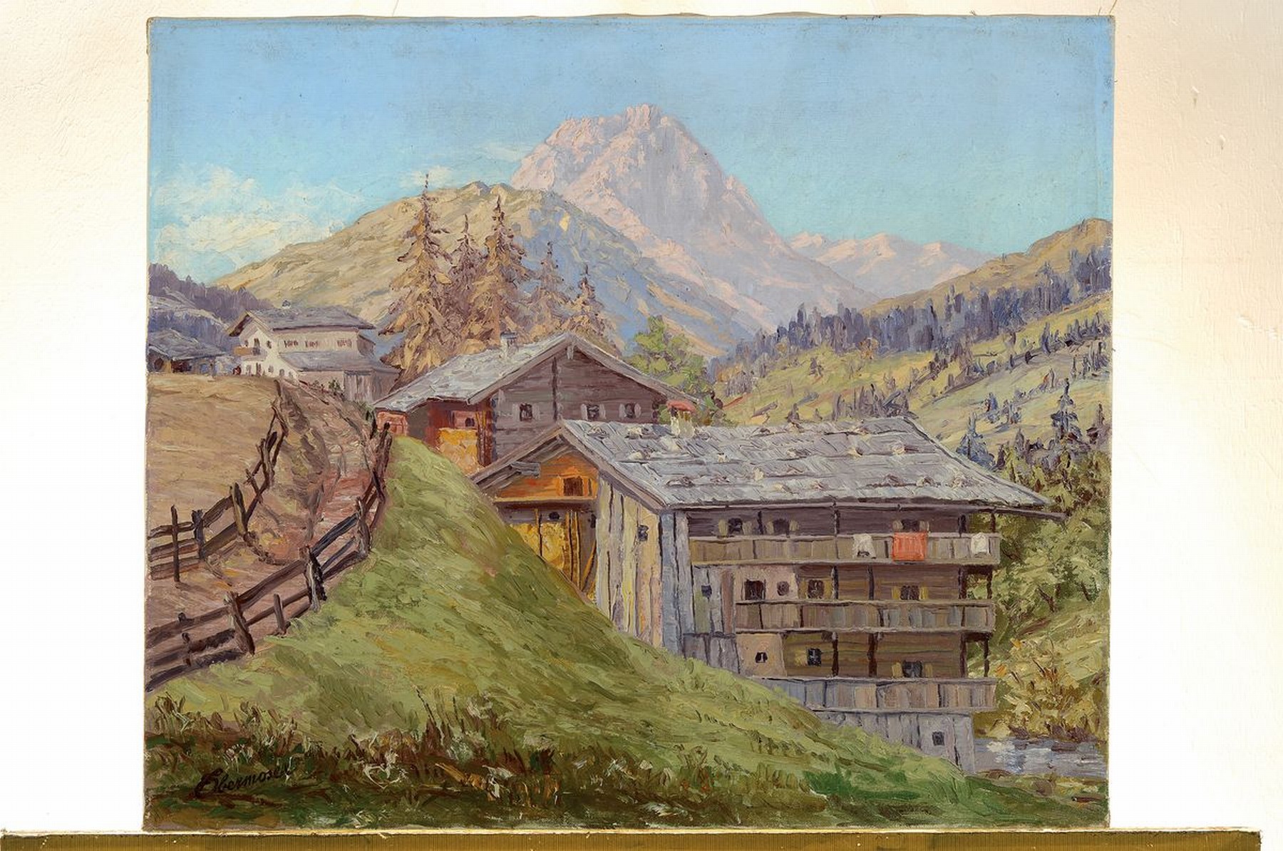 Detail k: Josef Obermoser, deutscher Maler, erw. zwischen 1900 und 1975, Häuser in den Alpen, Öl/Lwd, links unten signiert, ca. 50x60cm
