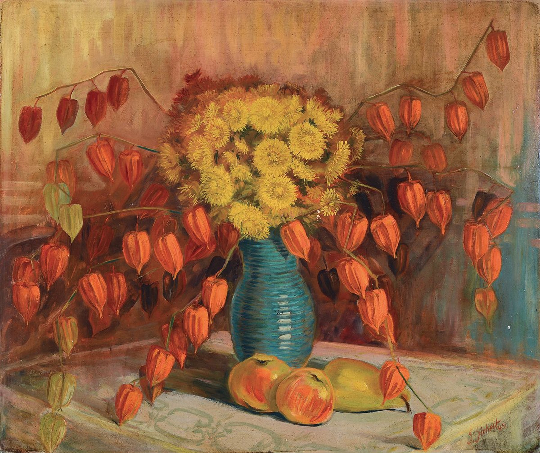 Georg Siebert, 1896 Dresden-1984 Köln, Stillleben mit Blumen, Äpfeln und Birne, Öl/Malkarton, rechts unten signiert G. Siebert 45, ca. 55x65cm