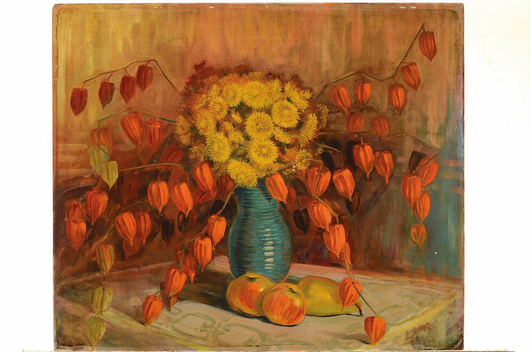 Detail k: Georg Siebert, 1896 Dresden-1984 Köln, Stillleben mit Blumen, Äpfeln und Birne, Öl/Malkarton, rechts unten signiert G. Siebert 45, ca. 55x65cm