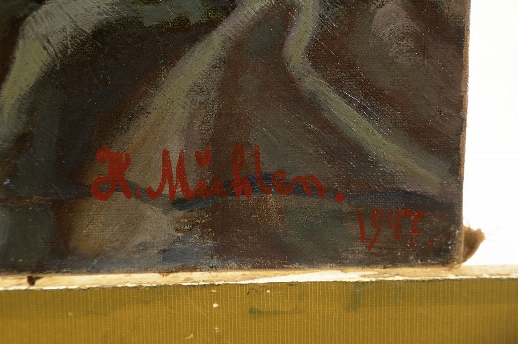 Detail a: Hermann Mühlen, 1886 Düsseldorf-1964 München, Stillleben mit Westerwälder Steinzeugkrug, Äpfeln und Topfpflanze, Öl/Lwd, rechts unten signiert ...