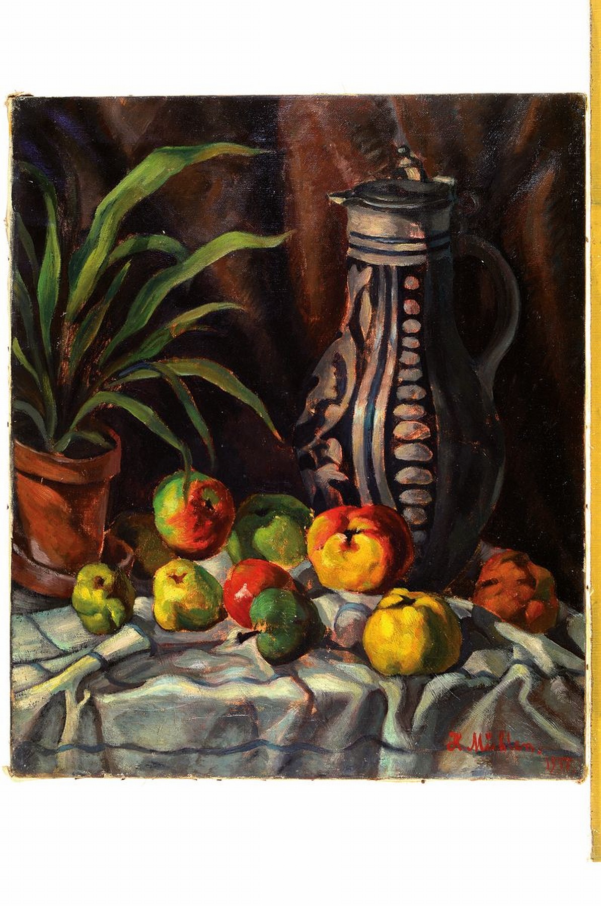 Detail k: Hermann Mühlen, 1886 Düsseldorf-1964 München, Stillleben mit Westerwälder Steinzeugkrug, Äpfeln und Topfpflanze, Öl/Lwd, rechts unten signiert ...