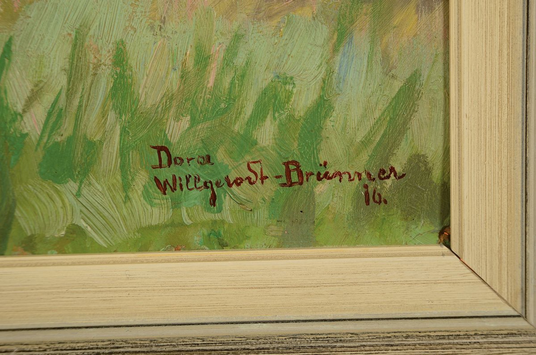 Detail a: Dora Willgerödt-Brünner, 1887 Karlsruhe- 1983 Marburg, zwei Frauen beim Mähen einer Wiese, Öl/Malkarton, leicht gewölbt, rechts unten signiert, ...