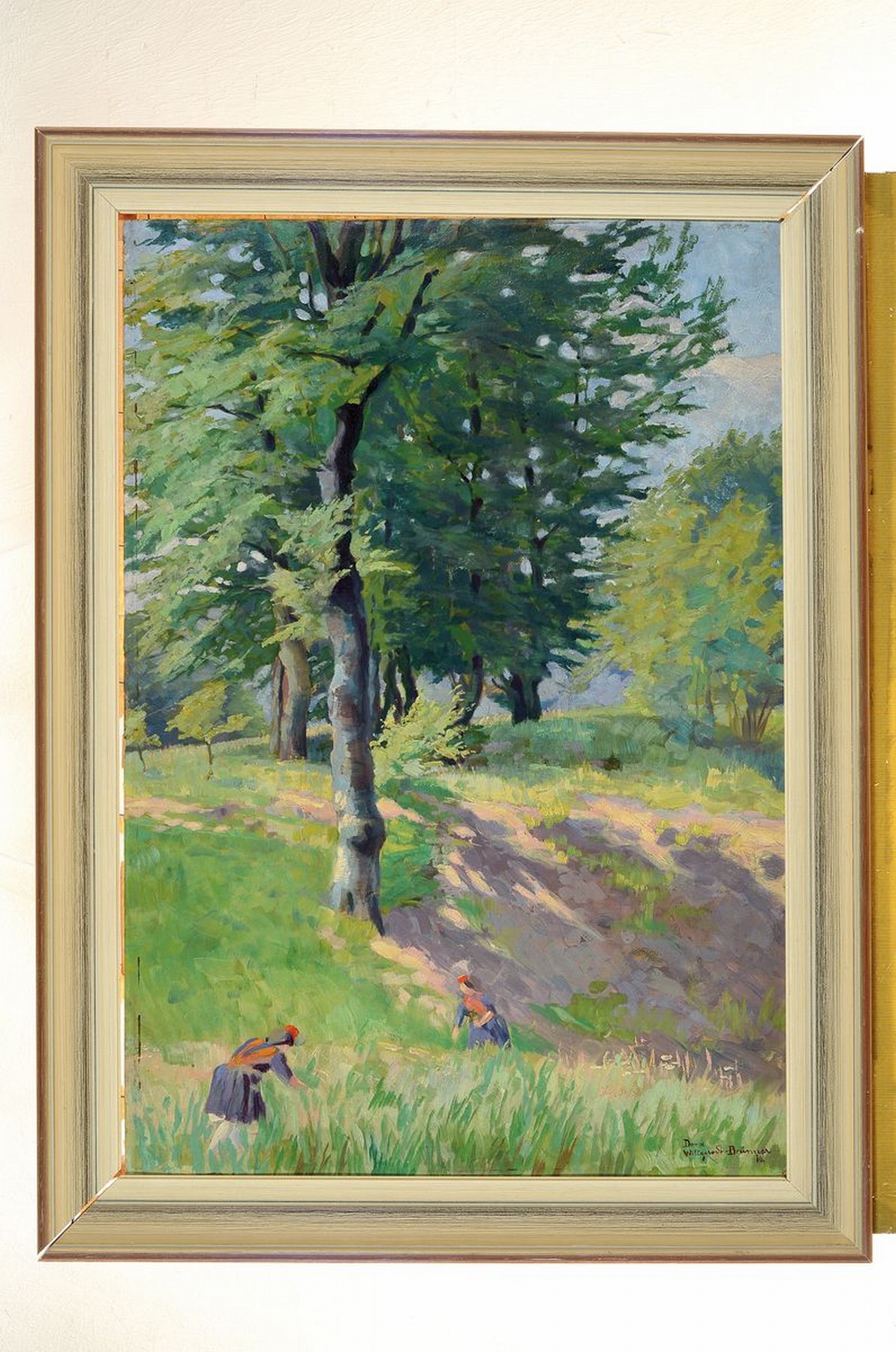 Detail k: Dora Willgerödt-Brünner, 1887 Karlsruhe- 1983 Marburg, zwei Frauen beim Mähen einer Wiese, Öl/Malkarton, leicht gewölbt, rechts unten signiert, ...