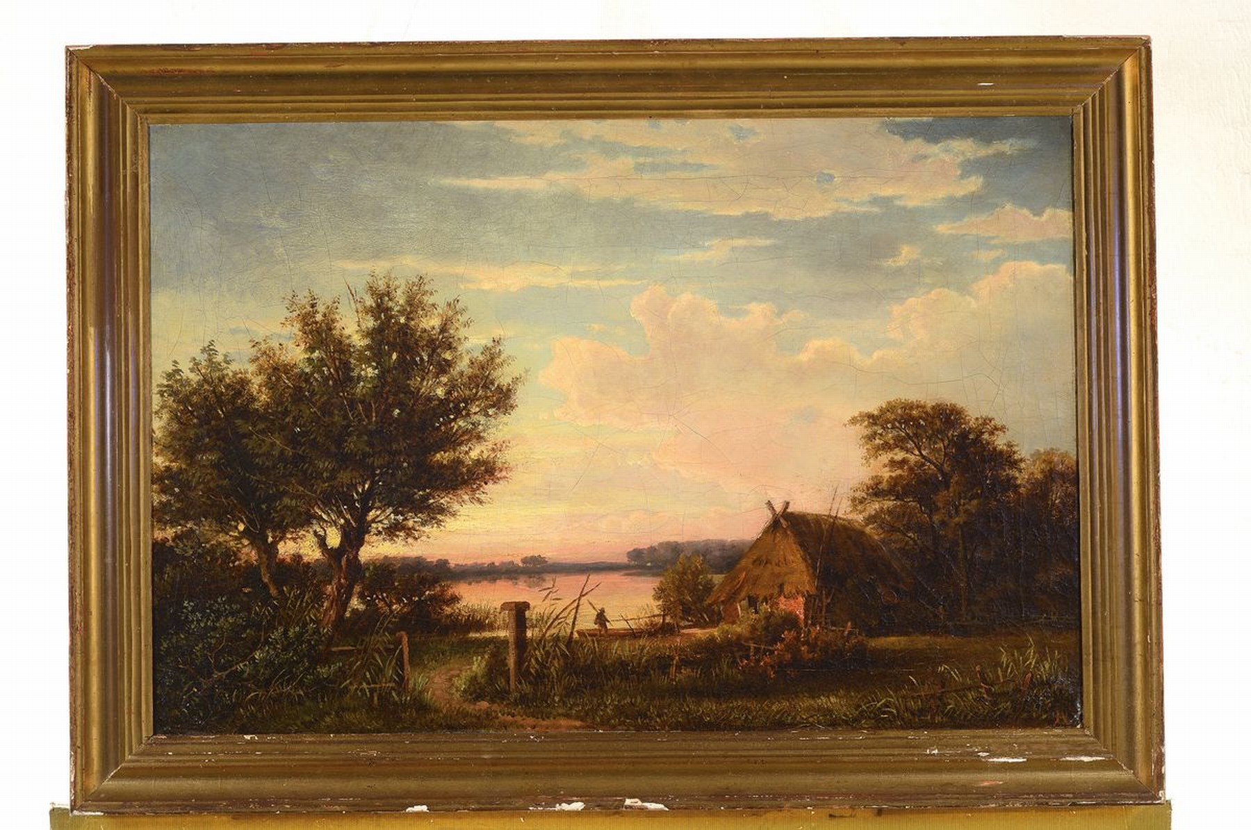 Detail k: Monogrammist AU, Sonnenaufgang in dem Masuren 1809, so rückseitig auf dem Keilrahmen beschriftet, Öl/Lwd, rest., altersbedingt stärker krakeliert, ...