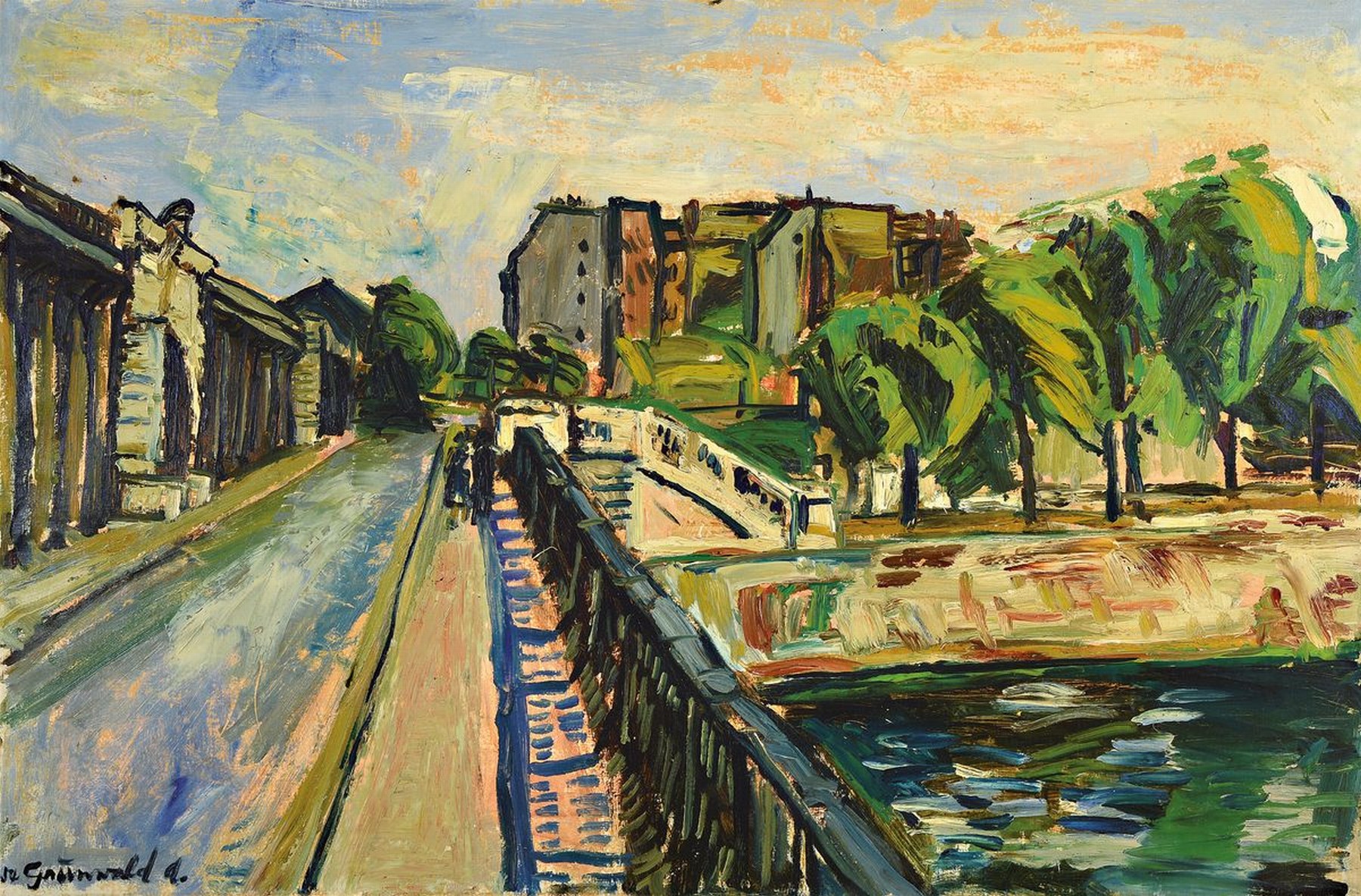 Alfred Grünwald, 1929 Brig-1966 Visp, Stadtansicht mit Spaziergängern am Weg eines Kanals, Öl/Lwd, expressiver Pinselduktus, links unten signiert ...