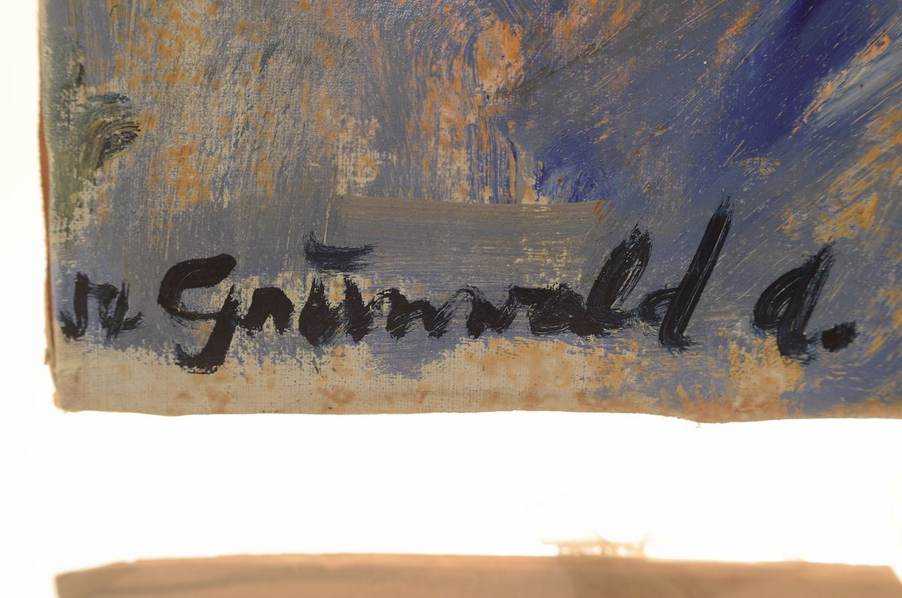 Detail a: Alfred Grünwald, 1929 Brig-1966 Visp, Stadtansicht mit Spaziergängern am Weg eines Kanals, Öl/Lwd, expressiver Pinselduktus, links unten signiert ...