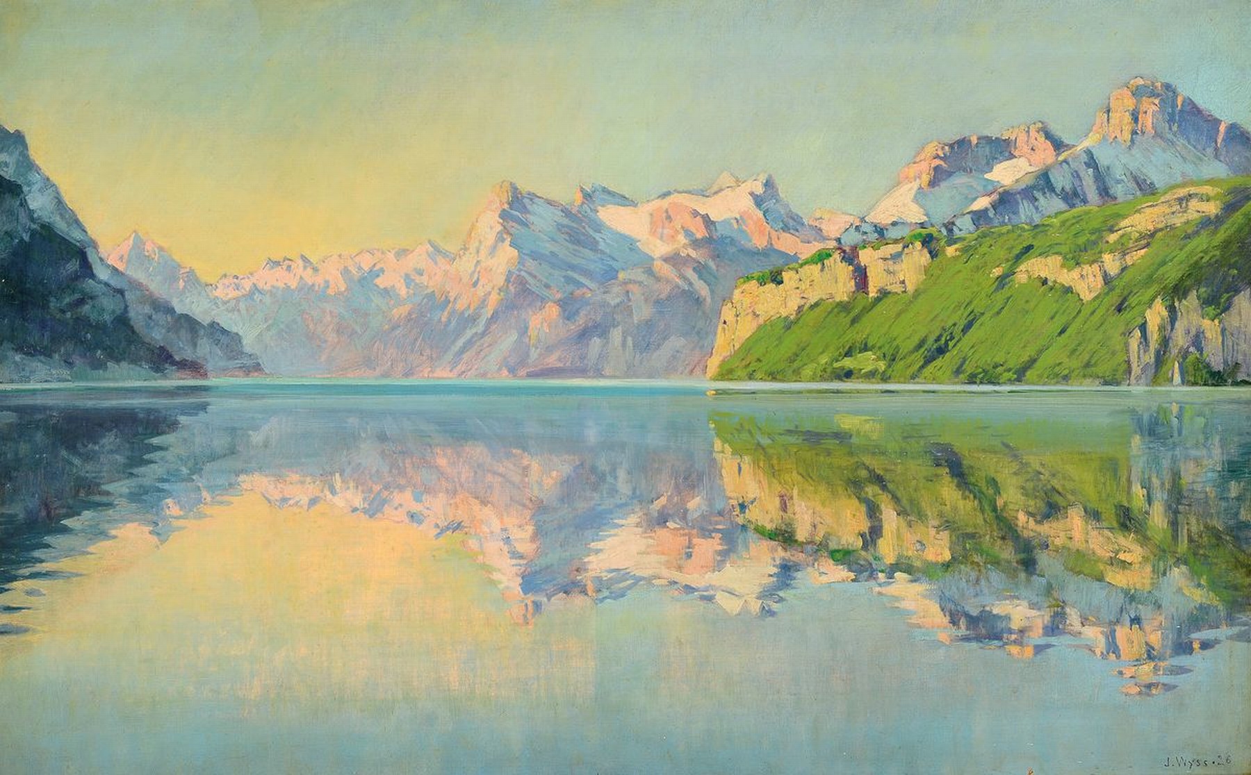 Johann Jakob Wyss, 1876 -1936 Zofingen, Ansicht vom Vierwaldstätter See, Öl/Lwd, gelungene Spiegelung des Bergpanoramas im stillen Wasser, rechts ...