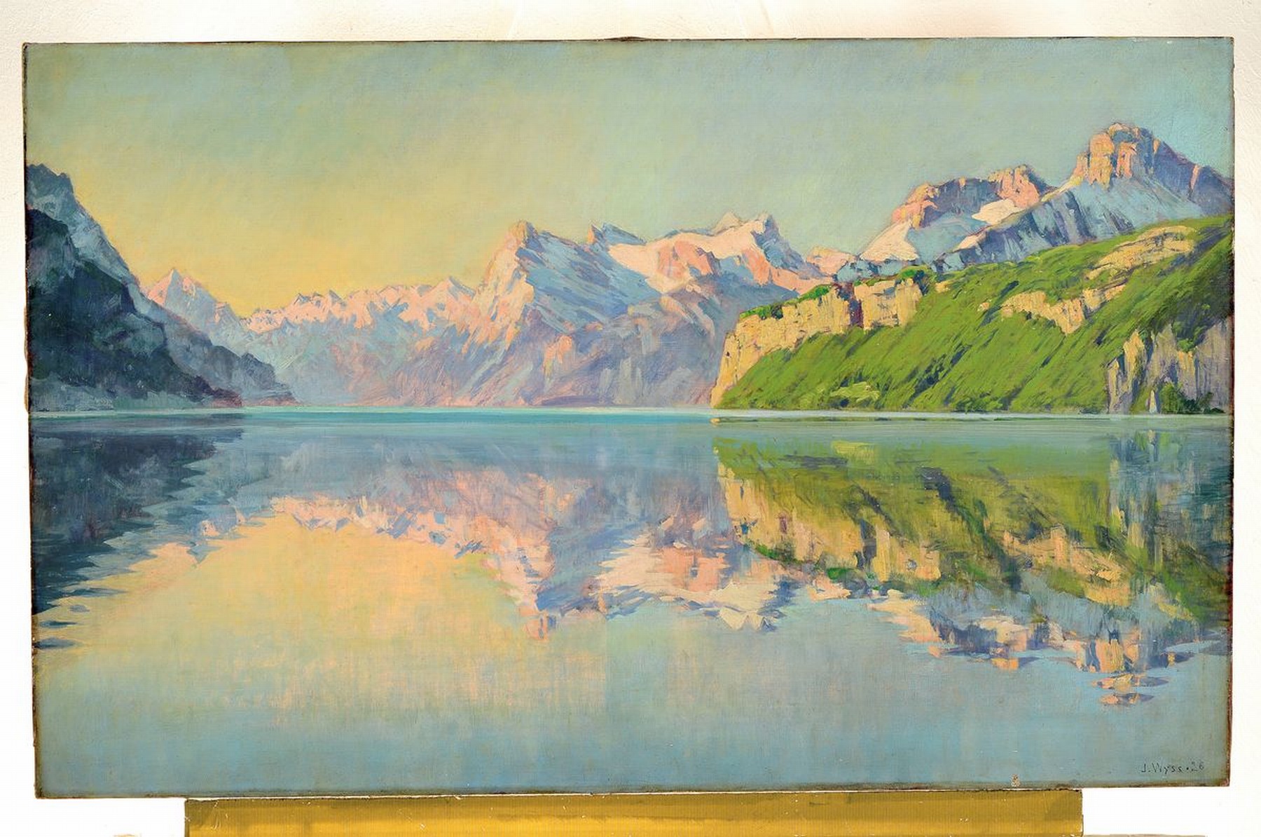 Detail k: Johann Jakob Wyss, 1876 -1936 Zofingen, Ansicht vom Vierwaldstätter See, Öl/Lwd, gelungene Spiegelung des Bergpanoramas im stillen Wasser, rechts ...