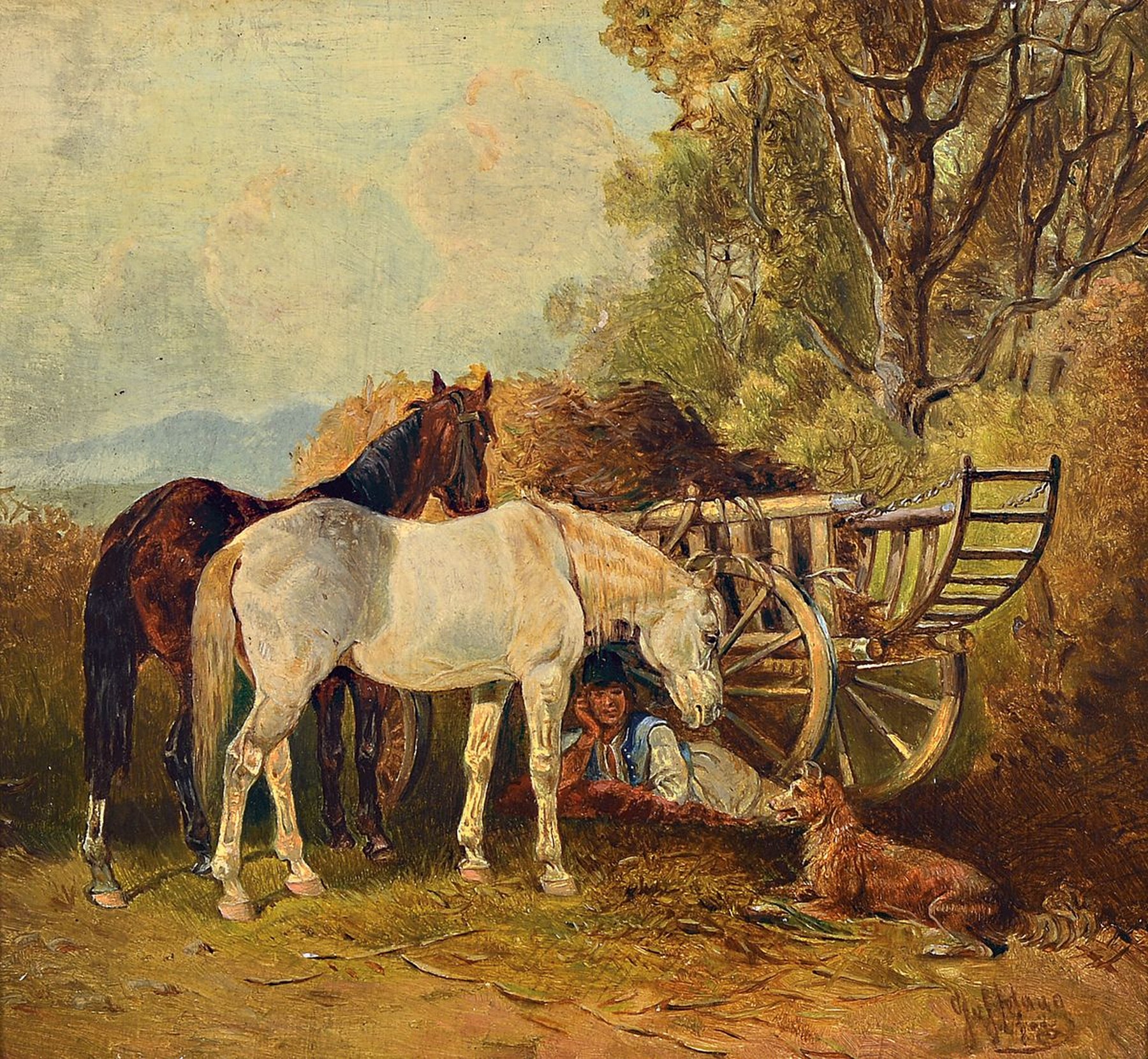 Hans Johann Haag, 1841-1919 Wien, Die Rast, 2 Pferde stehen ausgespannt neben dem Heuwagen, darunter liegt der Bauer im Schatten, das helle Pferd ...