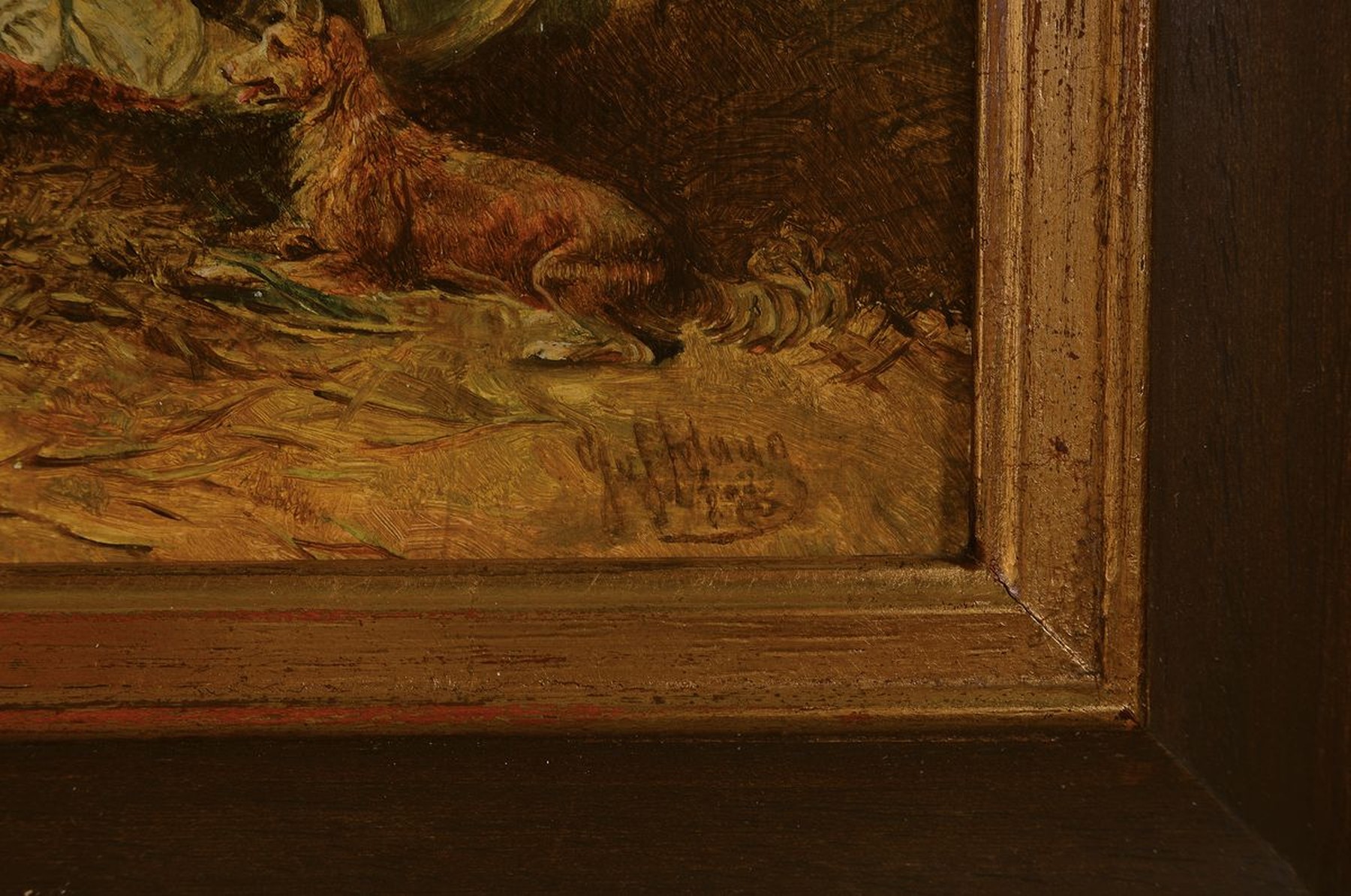 Detail a: Hans Johann Haag, 1841-1919 Wien, Die Rast, 2 Pferde stehen ausgespannt neben dem Heuwagen, darunter liegt der Bauer im Schatten, das helle Pferd ...