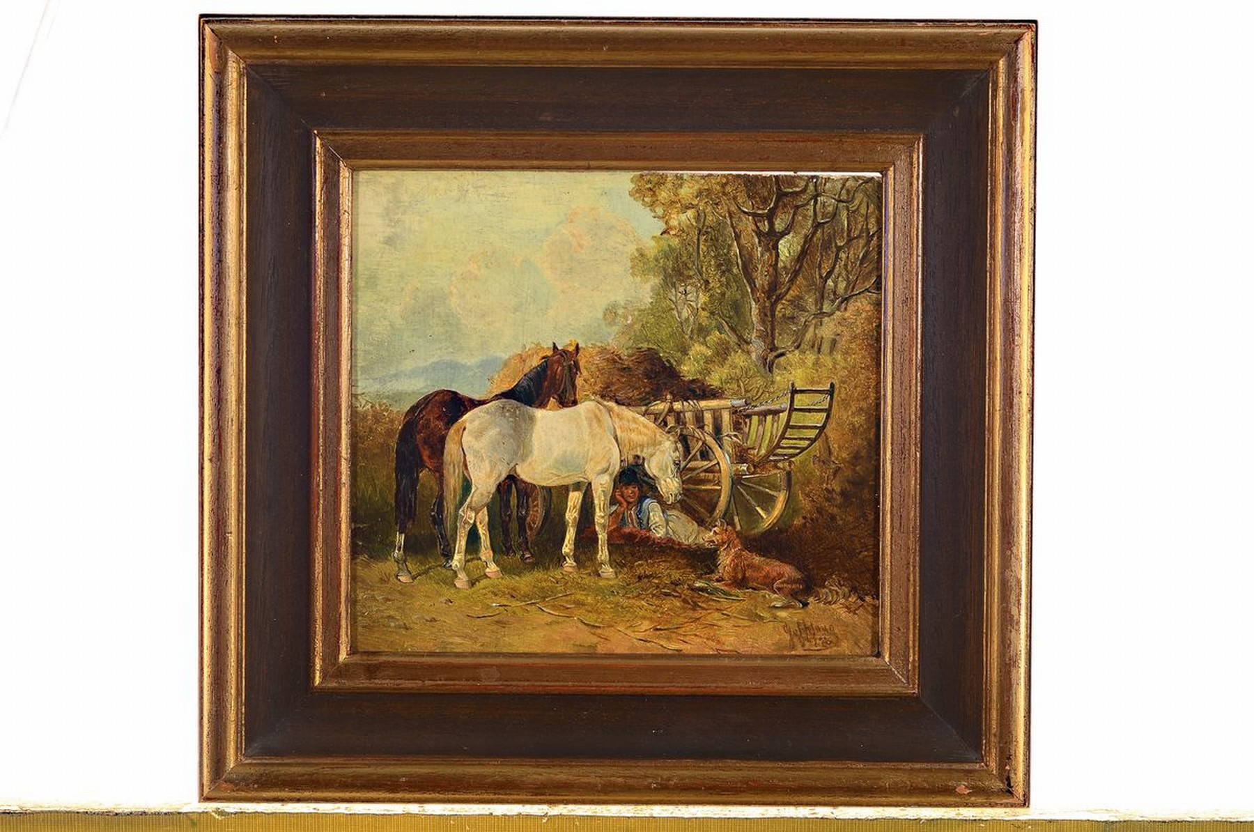Detail k: Hans Johann Haag, 1841-1919 Wien, Die Rast, 2 Pferde stehen ausgespannt neben dem Heuwagen, darunter liegt der Bauer im Schatten, das helle Pferd ...