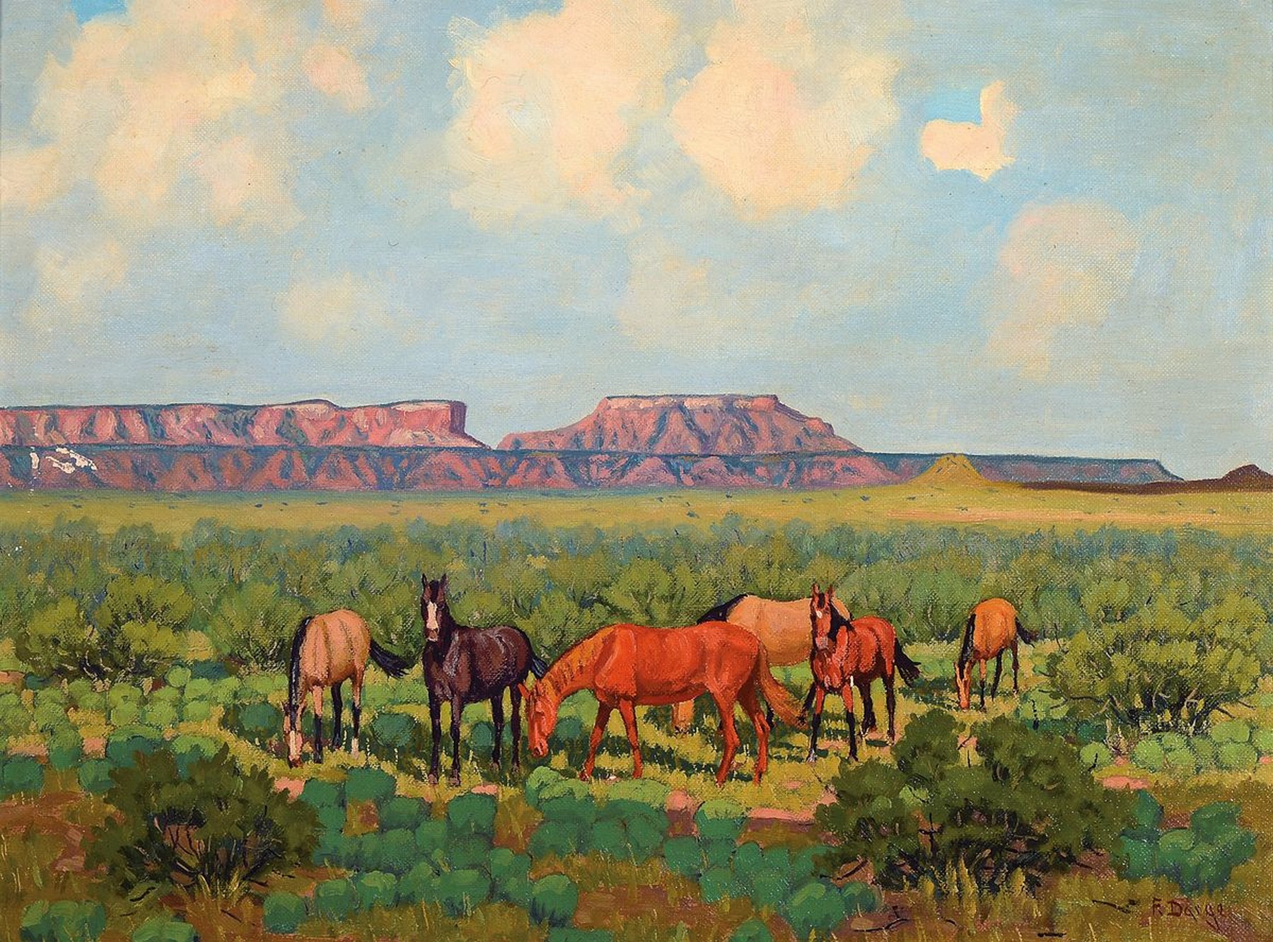 Fred Darge, 1900 Hamburg-1978 Dallas/Texas, Wildpferde in der Prärie, rückseitig betitelt: Sadle Horses, Evening, U Lazy S Ranch Post Texas, ...