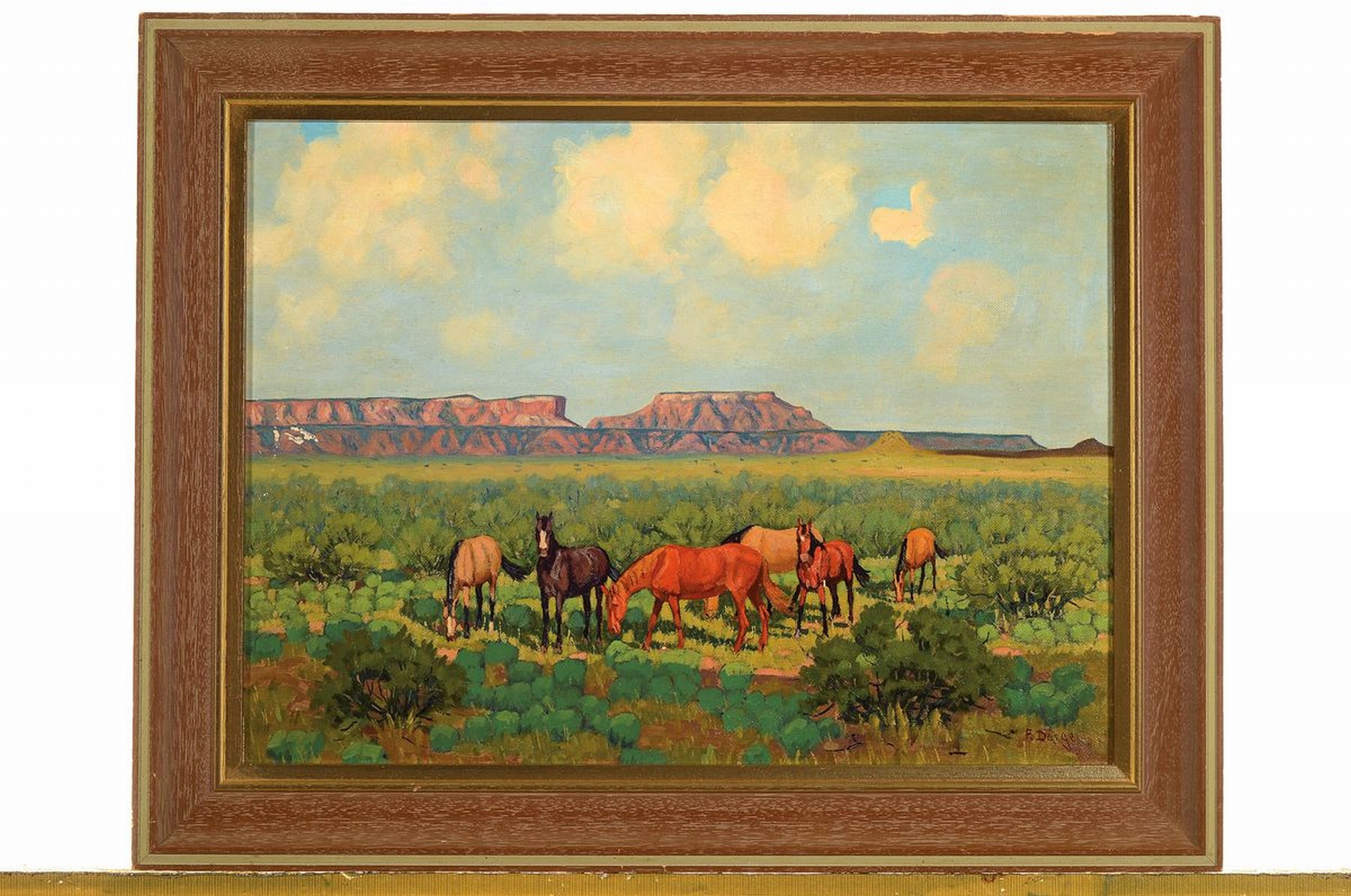 Detail k: Fred Darge, 1900 Hamburg-1978 Dallas/Texas, Wildpferde in der Prärie, rückseitig betitelt: Sadle Horses, Evening, U Lazy S Ranch Post Texas, ...