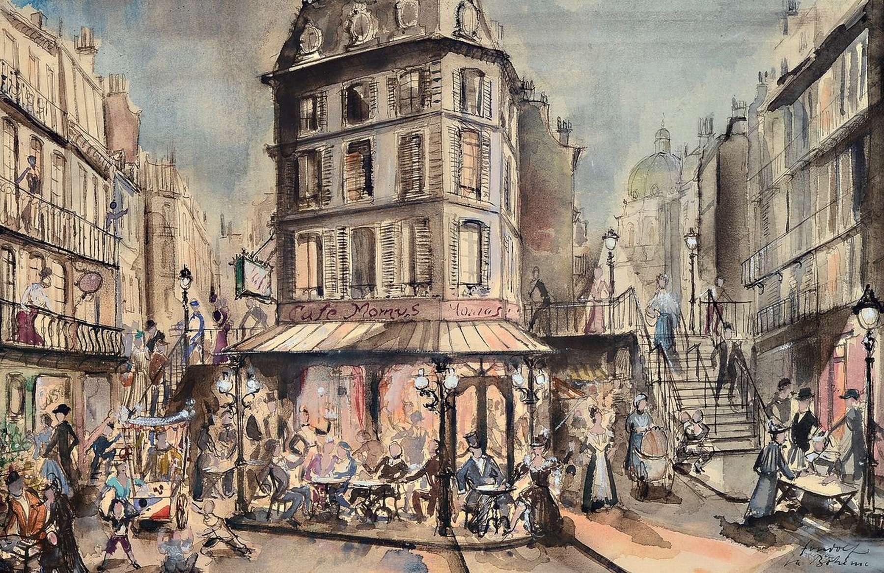 Walter Gondolf, 1912-1989 Düsseldorf, Bühnenbildentwurf für La Boheme, Aquarell auf Papier, rechts unten signiert und bez. La Boheme, ca. 28x42cm, ...