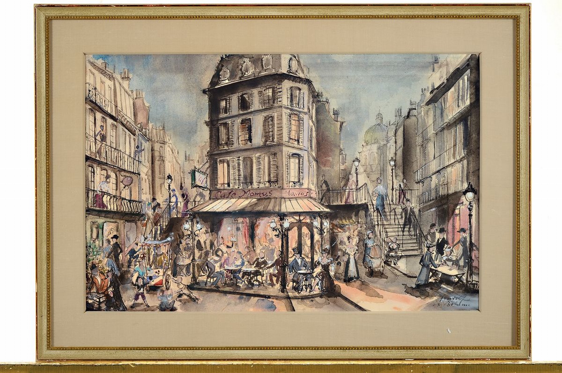Detail k: Walter Gondolf, 1912-1989 Düsseldorf, Bühnenbildentwurf für La Boheme, Aquarell auf Papier, rechts unten signiert und bez. La Boheme, ca. 28x42cm, ...