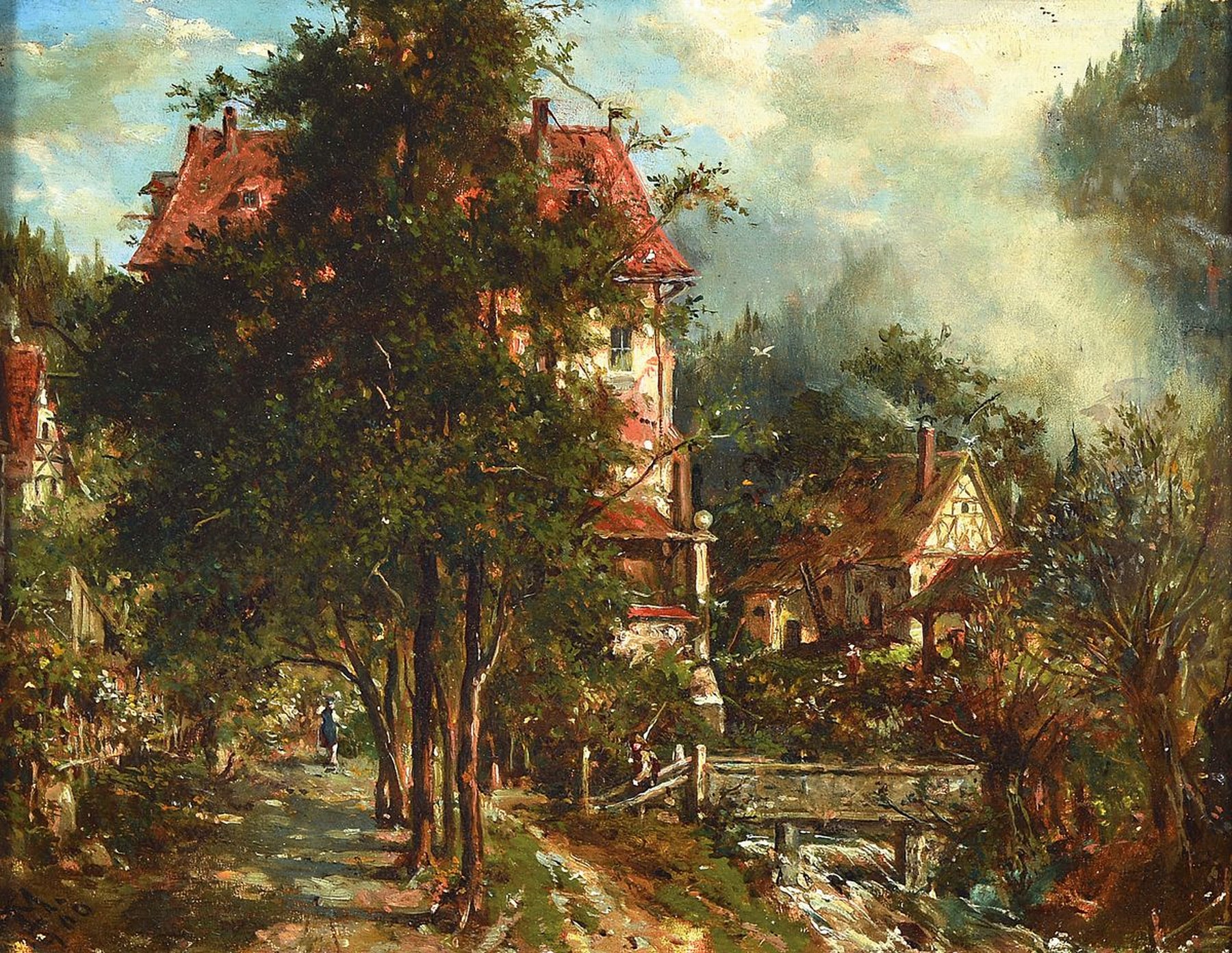 Monogrammist JM, datiert 1900, Häuser und Brücke in einem Tal, Öl/Holz, links unten monogr. und dat., ca. 21x26cm, R. ca. 33x39cm