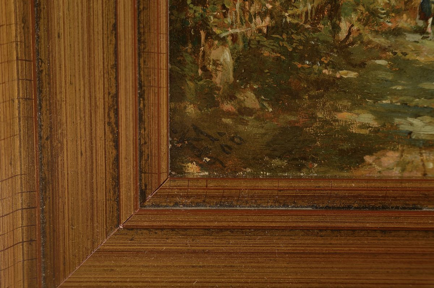 Detail a: Monogrammist JM, datiert 1900, Häuser und Brücke in einem Tal, Öl/Holz, links unten monogr. und dat., ca. 21x26cm, R. ca. 33x39cm