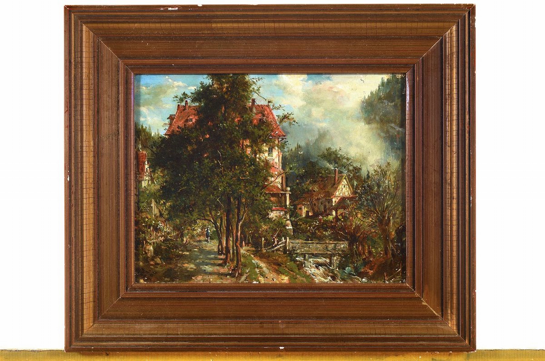 Detail k: Monogrammist JM, datiert 1900, Häuser und Brücke in einem Tal, Öl/Holz, links unten monogr. und dat., ca. 21x26cm, R. ca. 33x39cm
