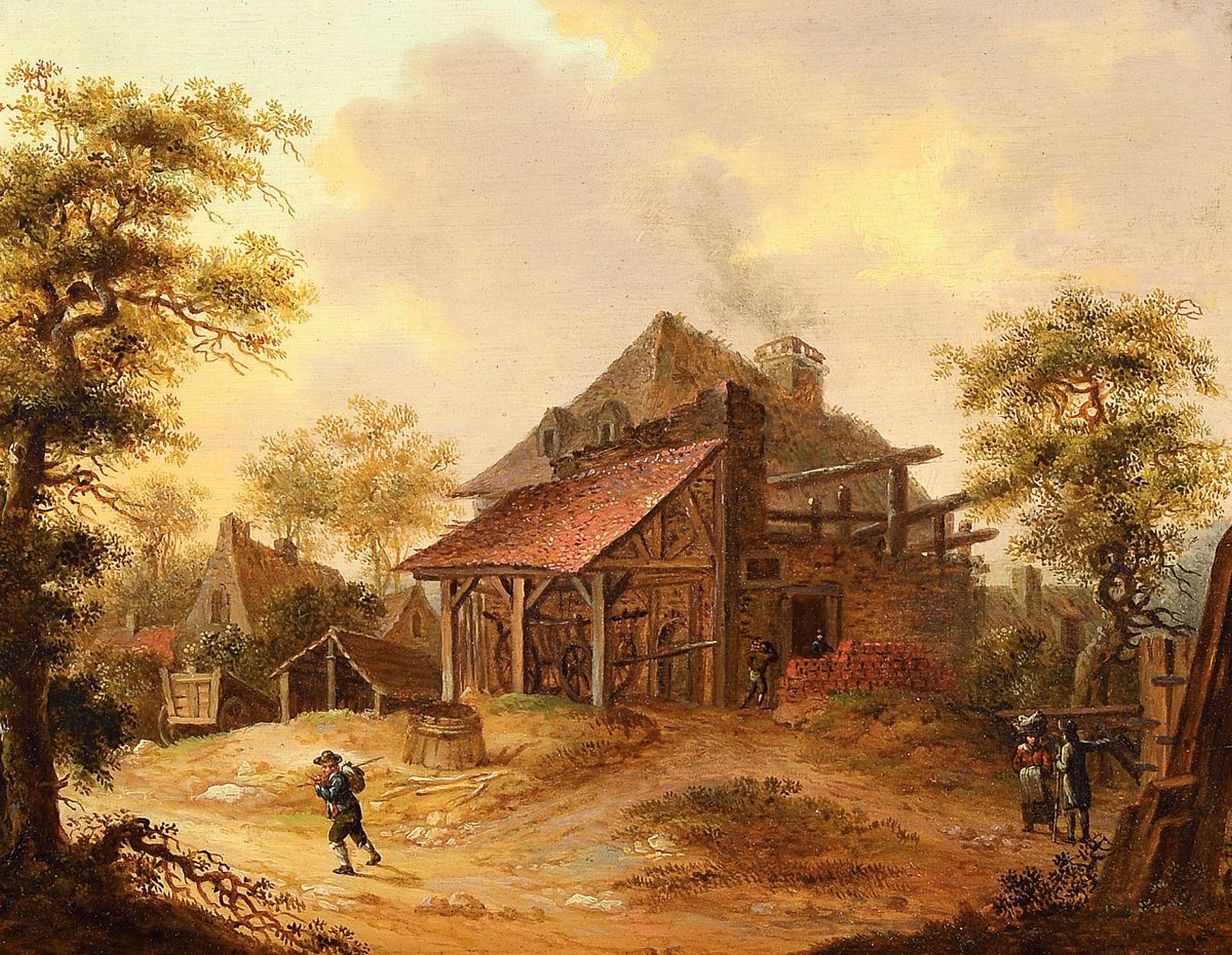 Unbekannter Traditionalist, Niederlande, 2.H. 20.Jh, Stellmacher-Werkstatt in dörflicher Umgebung, Staffage in Form dreier Figurengruppen Tiefe ...