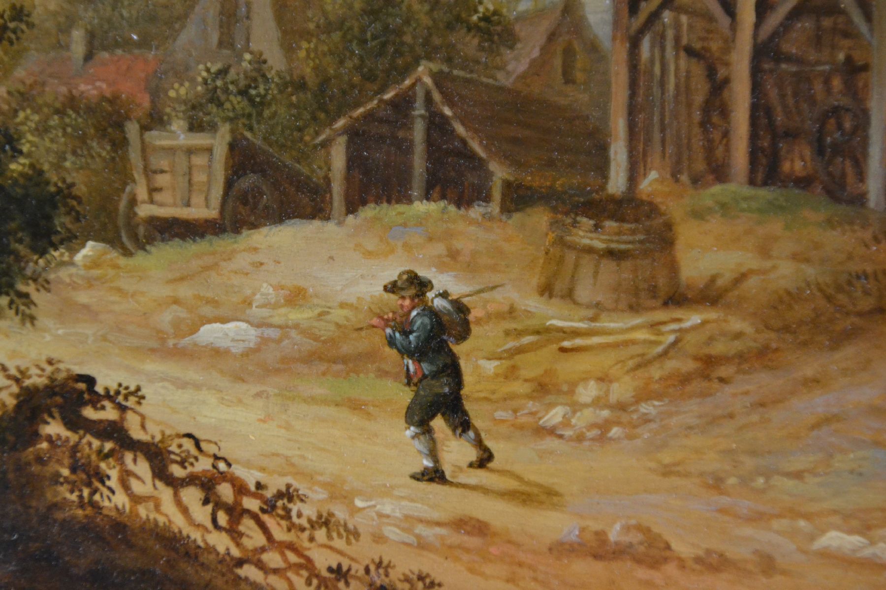 Detail c: Unbekannter Traditionalist, Niederlande, 2.H. 20.Jh, Stellmacher-Werkstatt in dörflicher Umgebung, Staffage in Form dreier Figurengruppen Tiefe ...