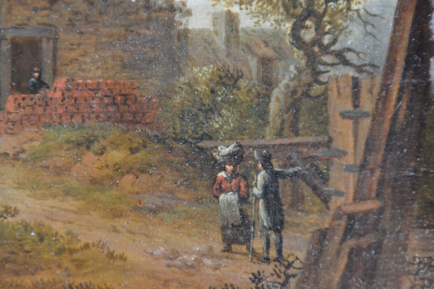 Detail d: Unbekannter Traditionalist, Niederlande, 2.H. 20.Jh, Stellmacher-Werkstatt in dörflicher Umgebung, Staffage in Form dreier Figurengruppen Tiefe ...