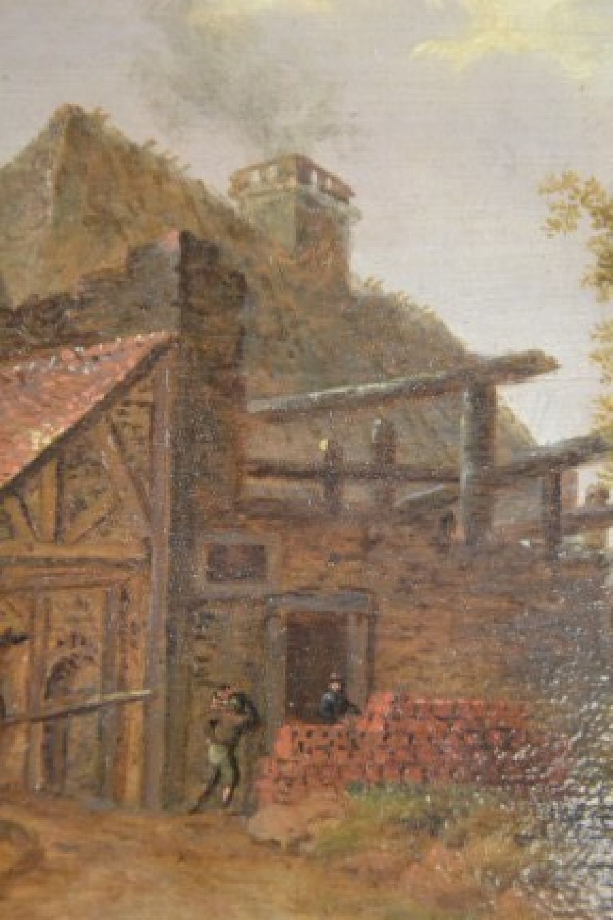 Detail e: Unbekannter Traditionalist, Niederlande, 2.H. 20.Jh, Stellmacher-Werkstatt in dörflicher Umgebung, Staffage in Form dreier Figurengruppen Tiefe ...
