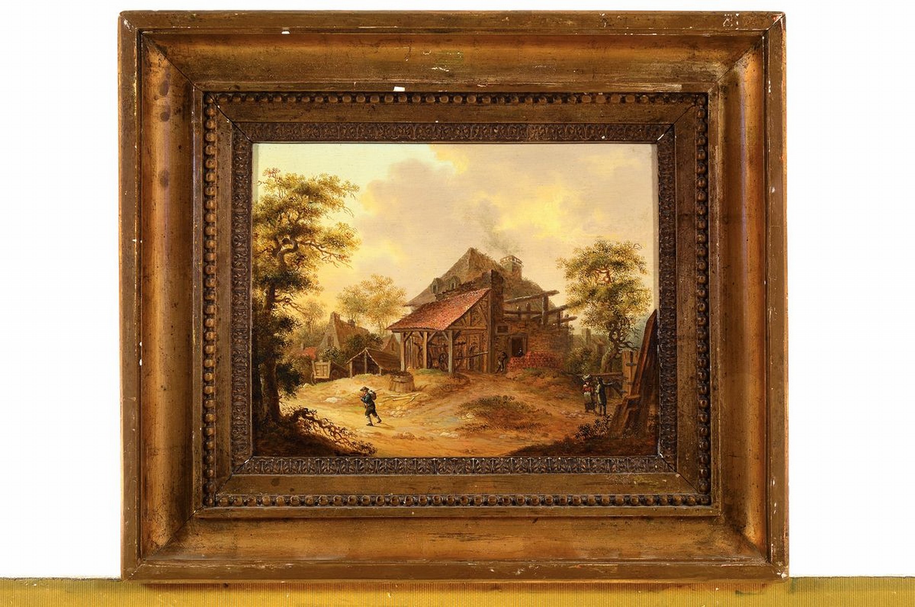 Detail k: Unbekannter Traditionalist, Niederlande, 2.H. 20.Jh, Stellmacher-Werkstatt in dörflicher Umgebung, Staffage in Form dreier Figurengruppen Tiefe ...