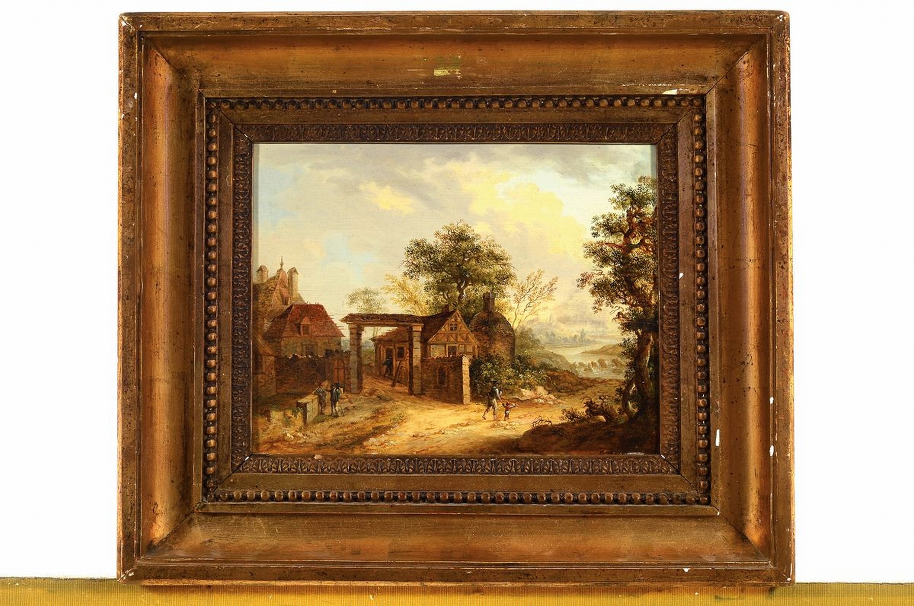 Detail k: Unbekannter Traditionalist, Niederlande, 2.H. 20.Jh., Dorfansicht mit belebter Staffage, rechts mit Fernblick auf verblauende Flusslandschaft, ...