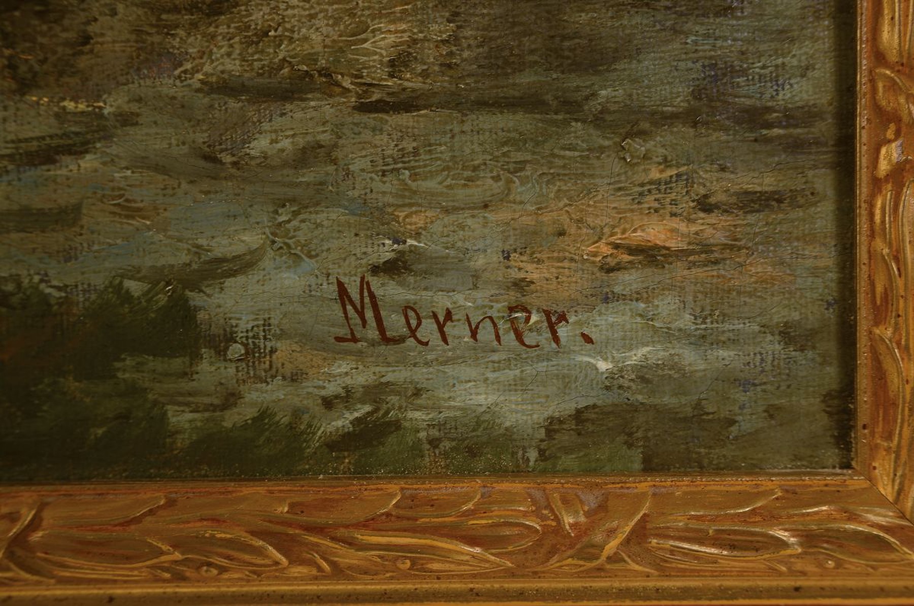 Detail a: Merner, Maler der 2. Hälfte des 19. Jh., betende Nomaden bei Sonnenuntergang, wohl Kopie nach Adolf Schreyer, Öl/Lwd, rest., rechts unten signiert, ...