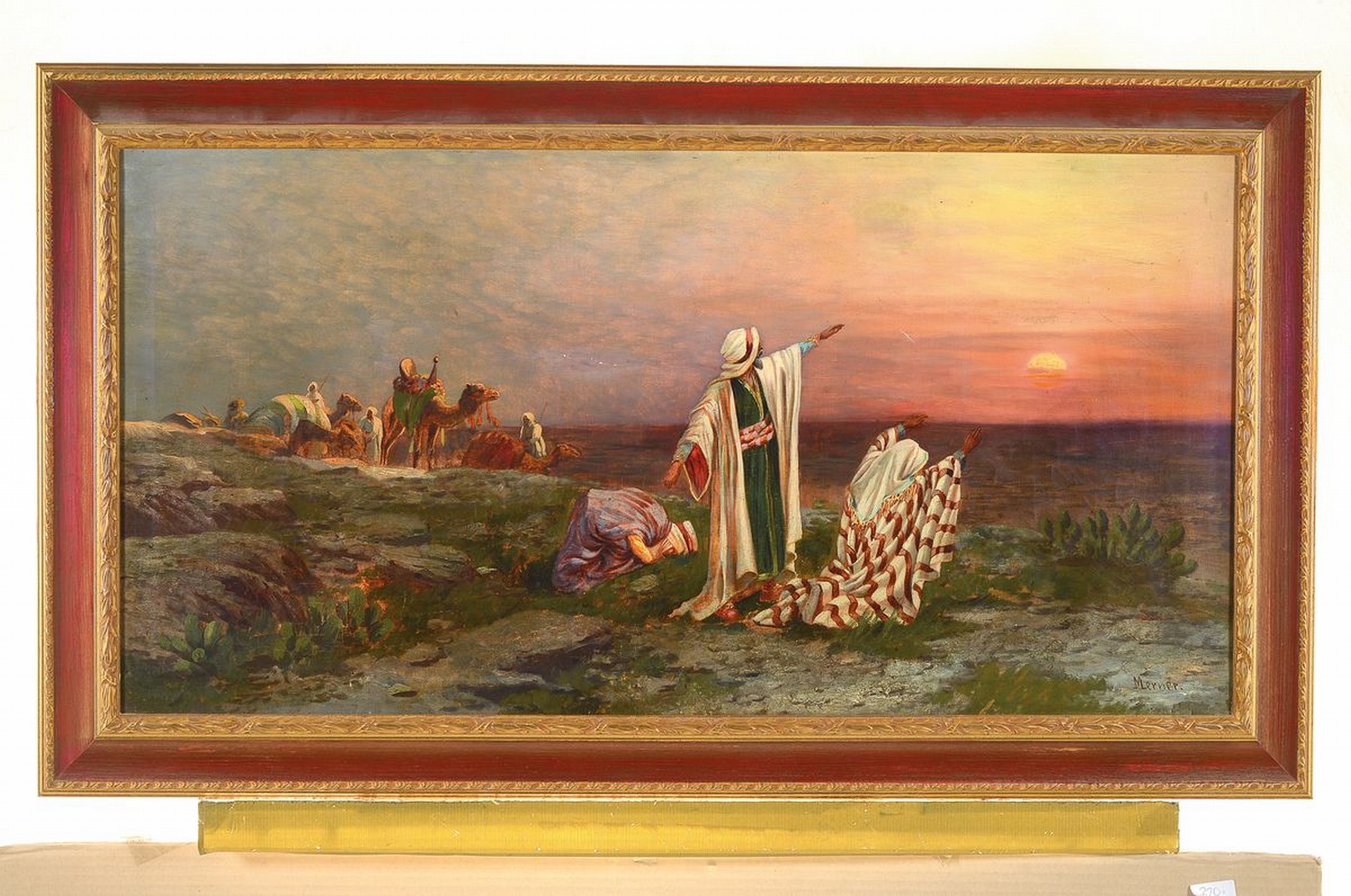 Detail k: Merner, Maler der 2. Hälfte des 19. Jh., betende Nomaden bei Sonnenuntergang, wohl Kopie nach Adolf Schreyer, Öl/Lwd, rest., rechts unten signiert, ...