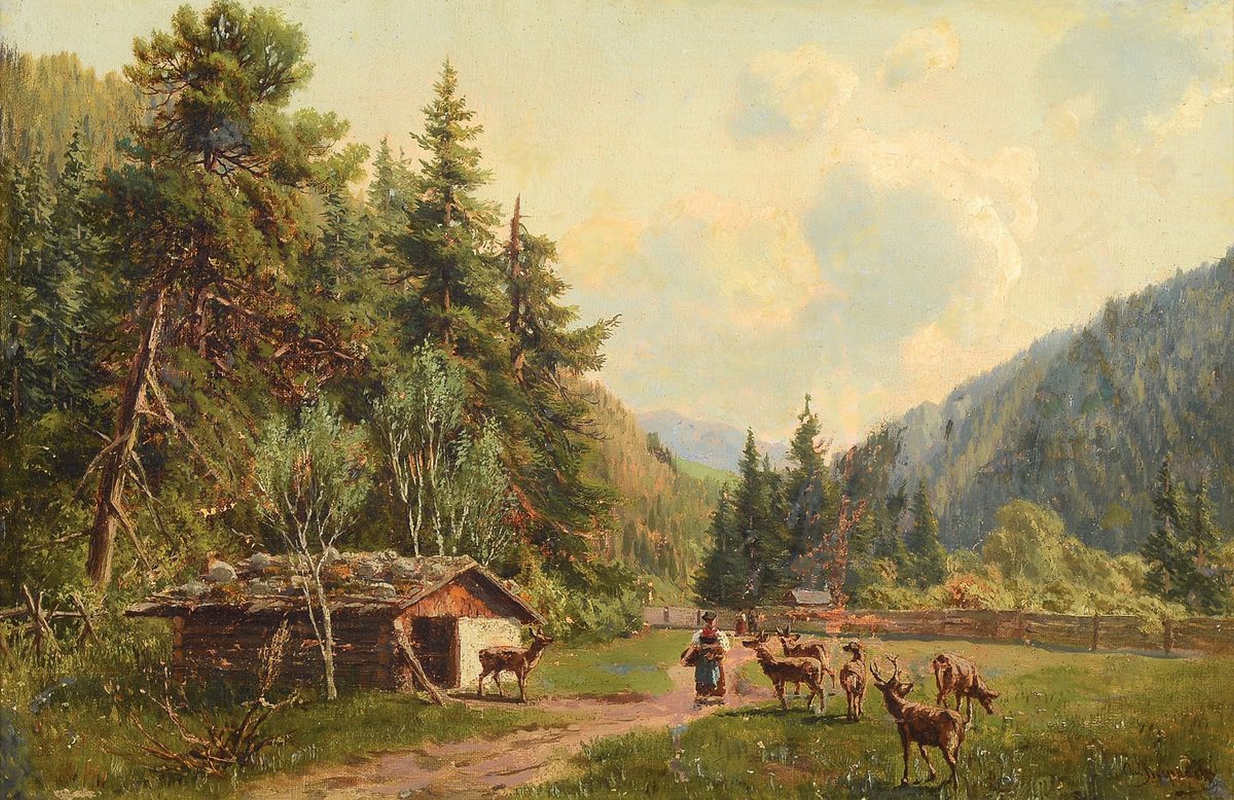 Otto von Ruppert, 1841 Waldshut-1923 München, Rotwild im Gehege, Öl/Lwd, rechts unten signiert, rückseitig auf dem Keilrahmen beschriftet: Partie ...