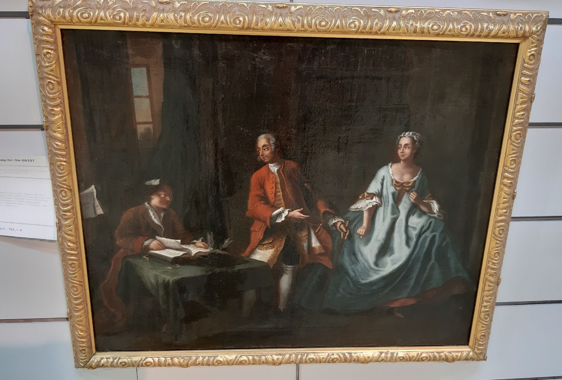Detail d: Unbekannter Künstler, frühes 18.Jh., Interieur: Schreiber und adliges Pärchen in Bibliothek, dunkler Hintergrund mit Bücherschrank u. halb ...
