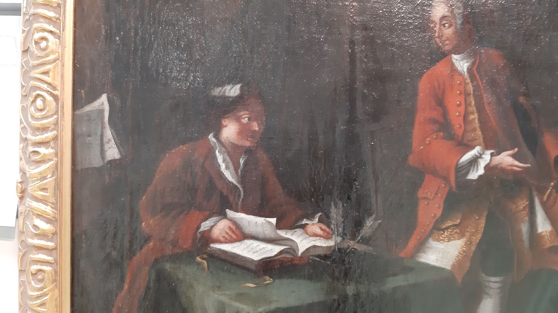 Detail f: Unbekannter Künstler, frühes 18.Jh., Interieur: Schreiber und adliges Pärchen in Bibliothek, dunkler Hintergrund mit Bücherschrank u. halb ...