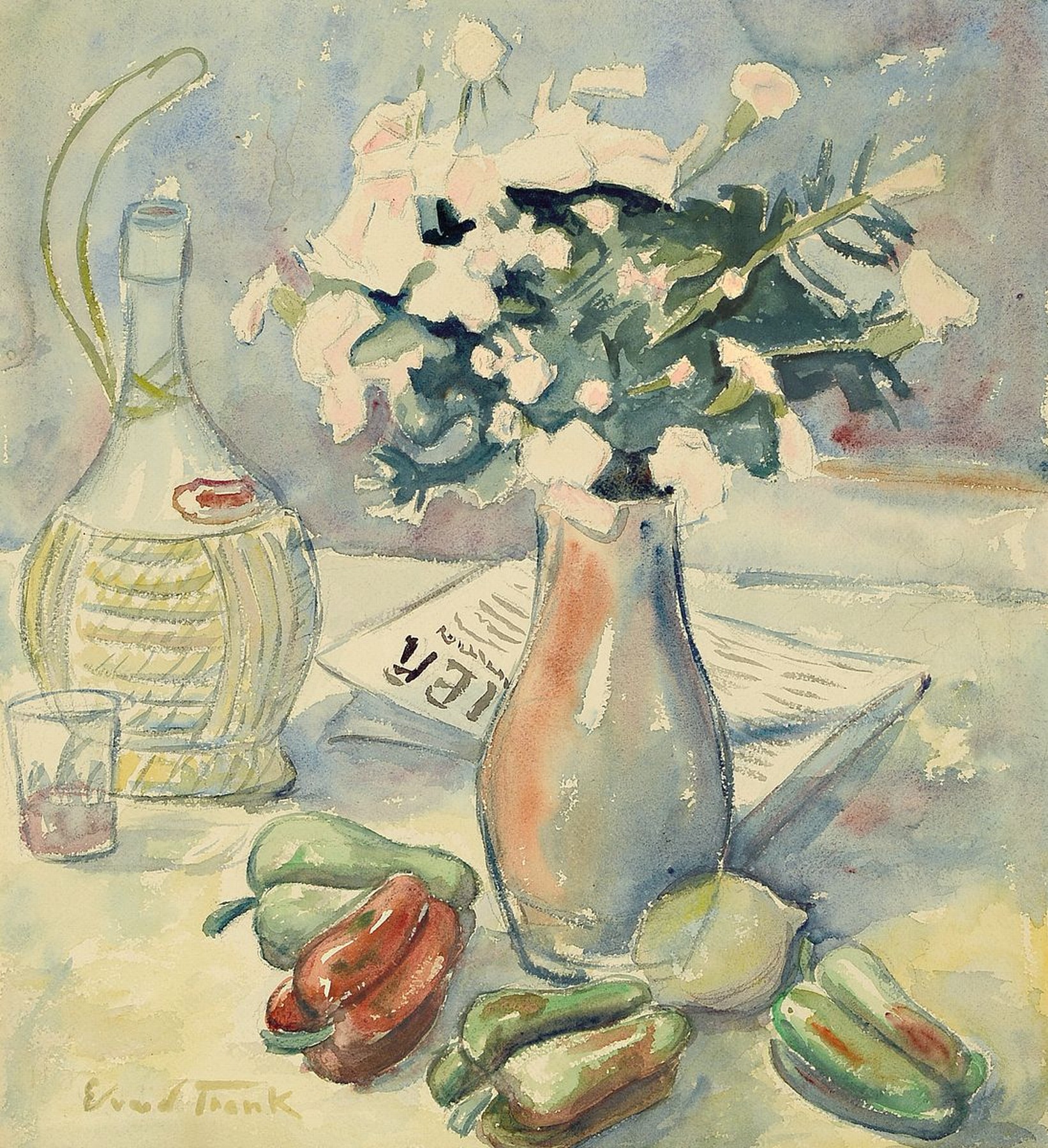 Edvard Frank, 1909 Korschenbroich-1972 Saarlouis, Stillleben mit Blumenstrauß, Zeitung, Paprika, Flasche und Glas, Aquarell auf Papier, links unten ...