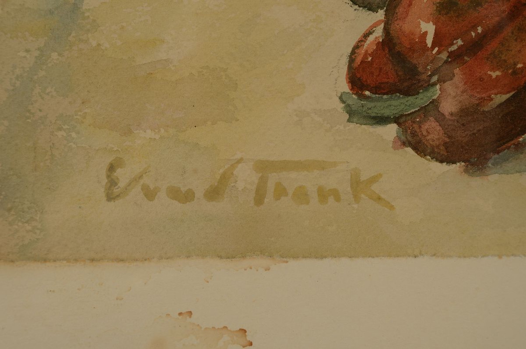 Detail a: Edvard Frank, 1909 Korschenbroich-1972 Saarlouis, Stillleben mit Blumenstrauß, Zeitung, Paprika, Flasche und Glas, Aquarell auf Papier, links unten ...