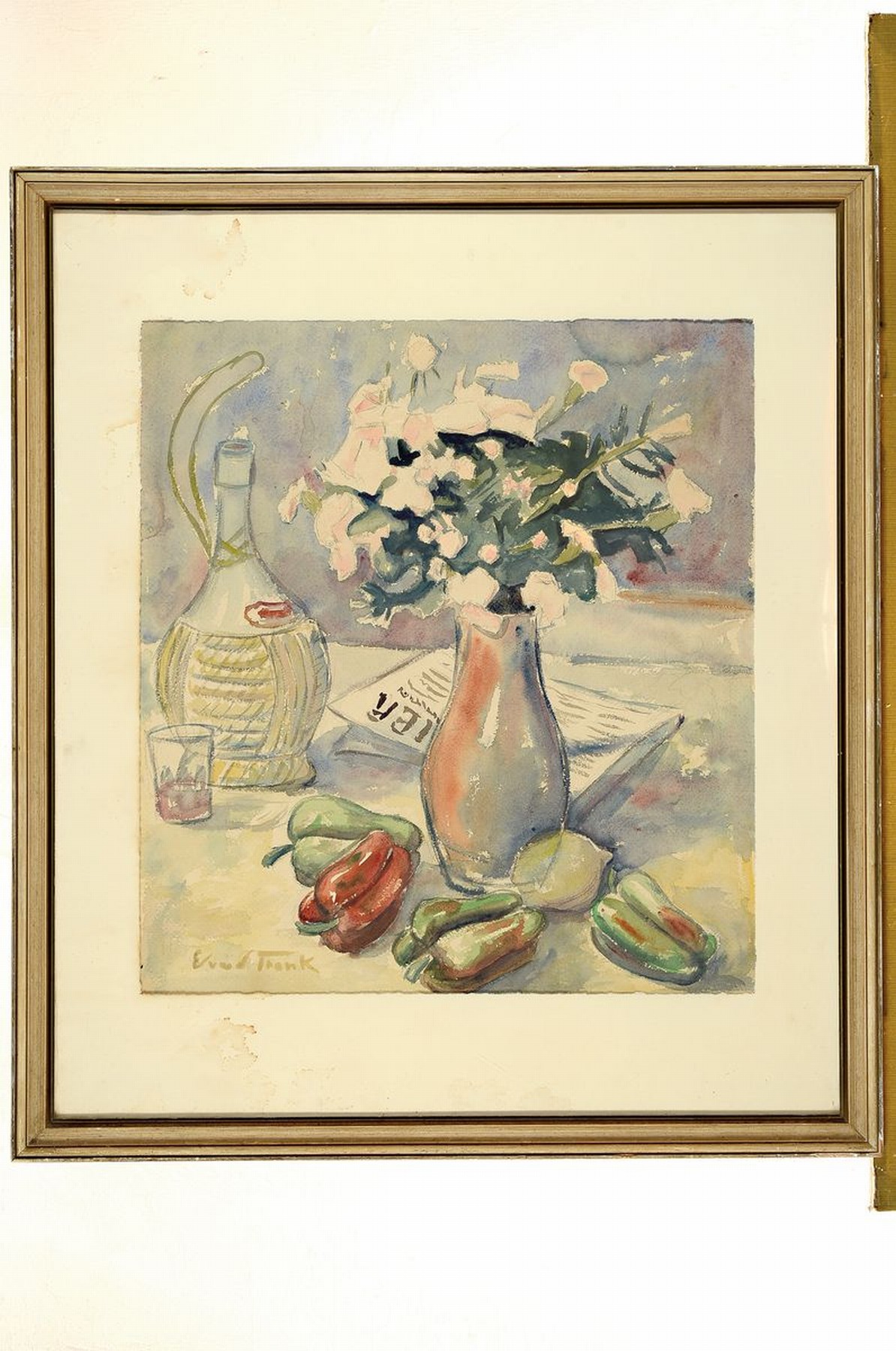 Detail k: Edvard Frank, 1909 Korschenbroich-1972 Saarlouis, Stillleben mit Blumenstrauß, Zeitung, Paprika, Flasche und Glas, Aquarell auf Papier, links unten ...