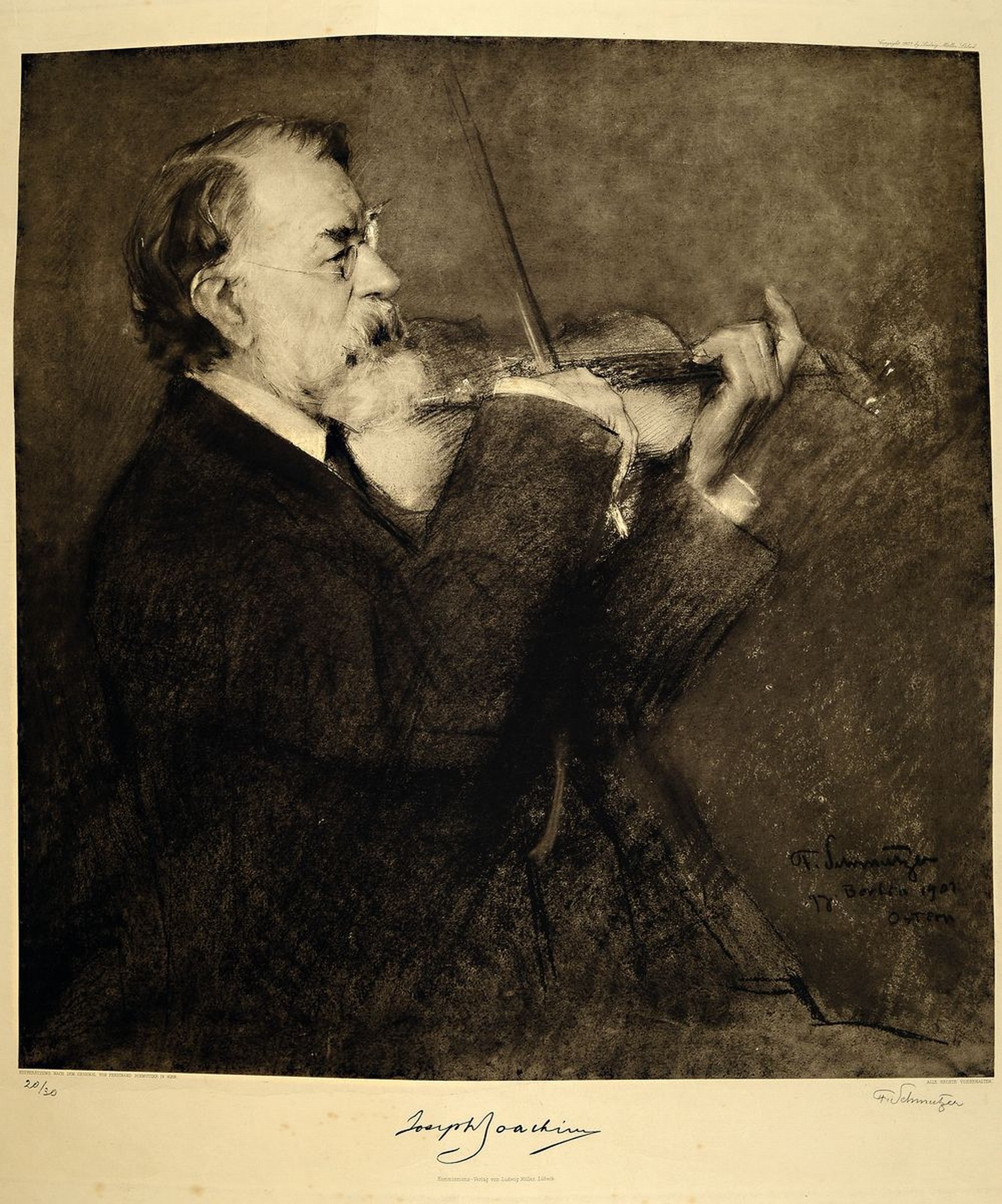 Ferdinand Schmutzer, 1870 Wien - 1828 ebenda , der Violinist Joseph Joachim geigend (1907), Kupferätzung, Ed. 20/30, Kommisions- Verlag Lübeck, ...