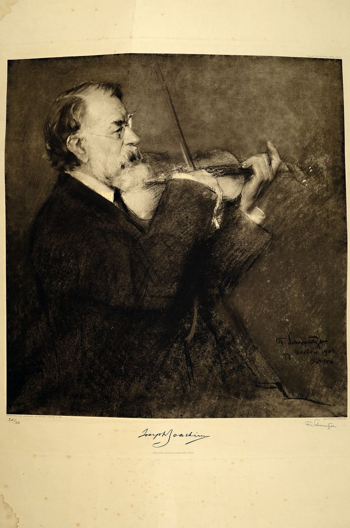 Detail k: Ferdinand Schmutzer, 1870 Wien - 1828 ebenda , der Violinist Joseph Joachim geigend (1907), Kupferätzung, Ed. 20/30, Kommisions- Verlag Lübeck, ...