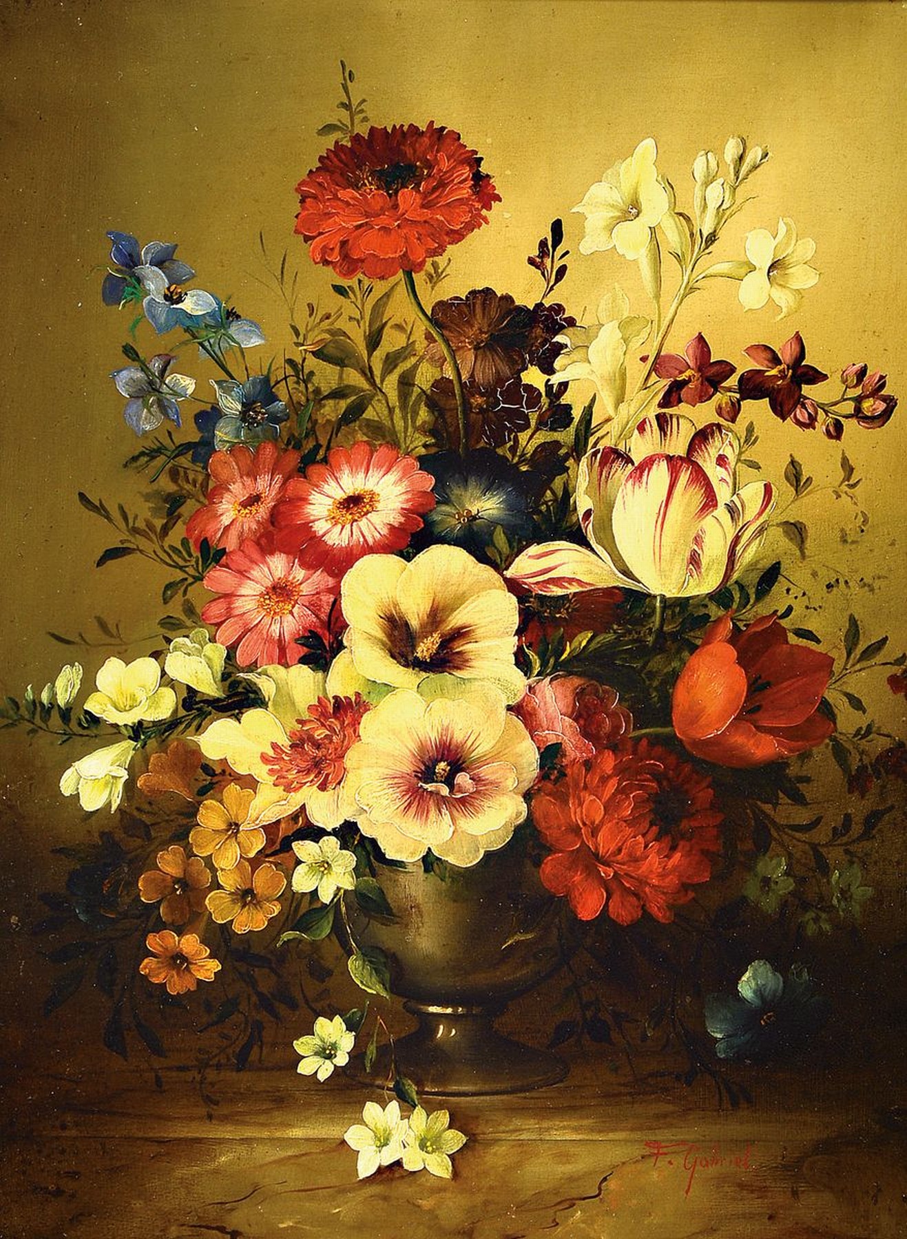 Francoise Gabriel, 1893 - 1993, reiches Blumenstillleben, in der Tradition der Altniederländer, rechts unten signiert, Öl/Holz, parkettiert, l. ...