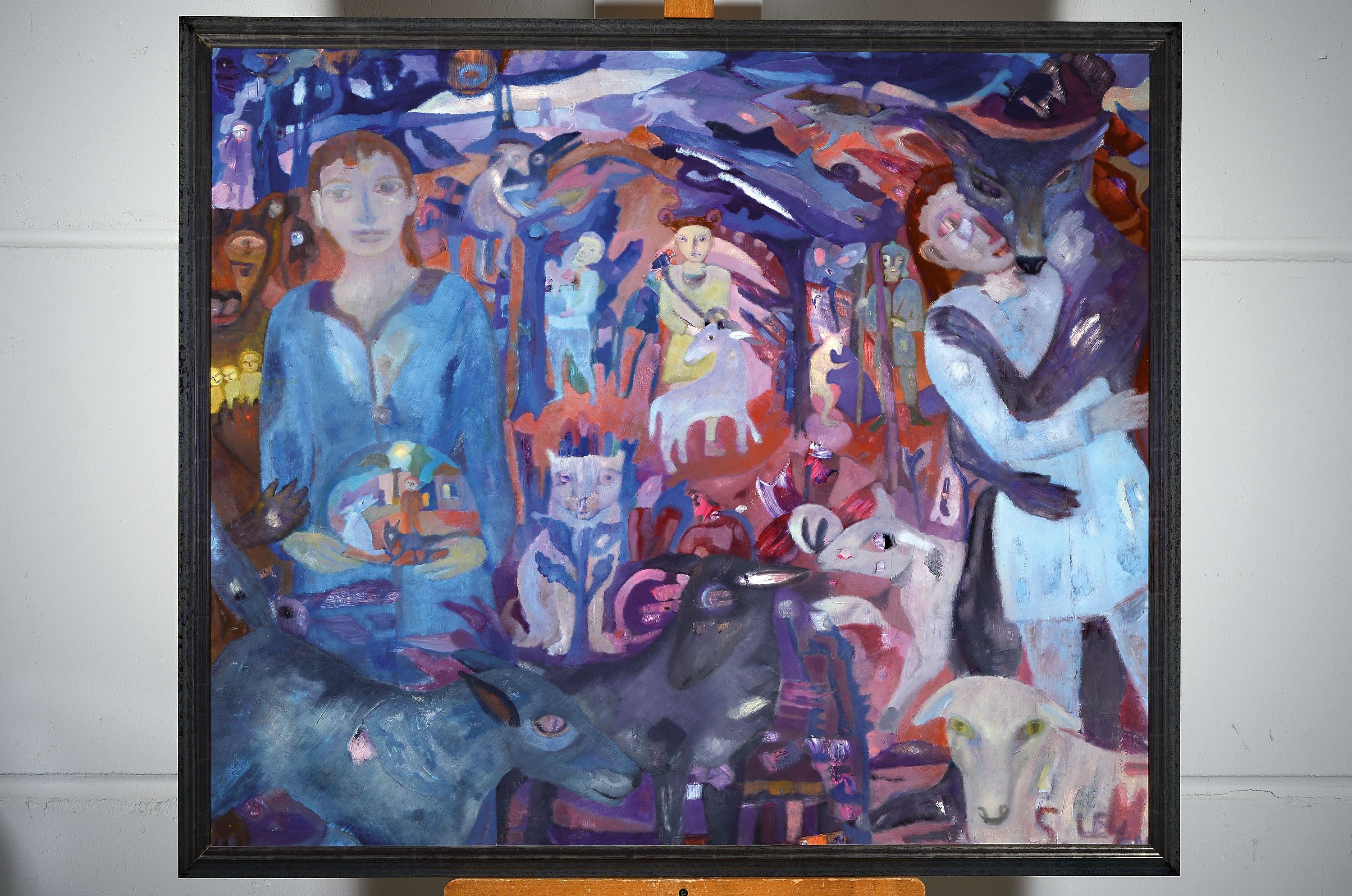 Detail k: S. Ley, Künstler*in des 20.Jh., abstrakt figurale Komposition, chromatische Harmonie inBlau-Violett-Tönen, rechts unten signiert u. wohl unter dem ...