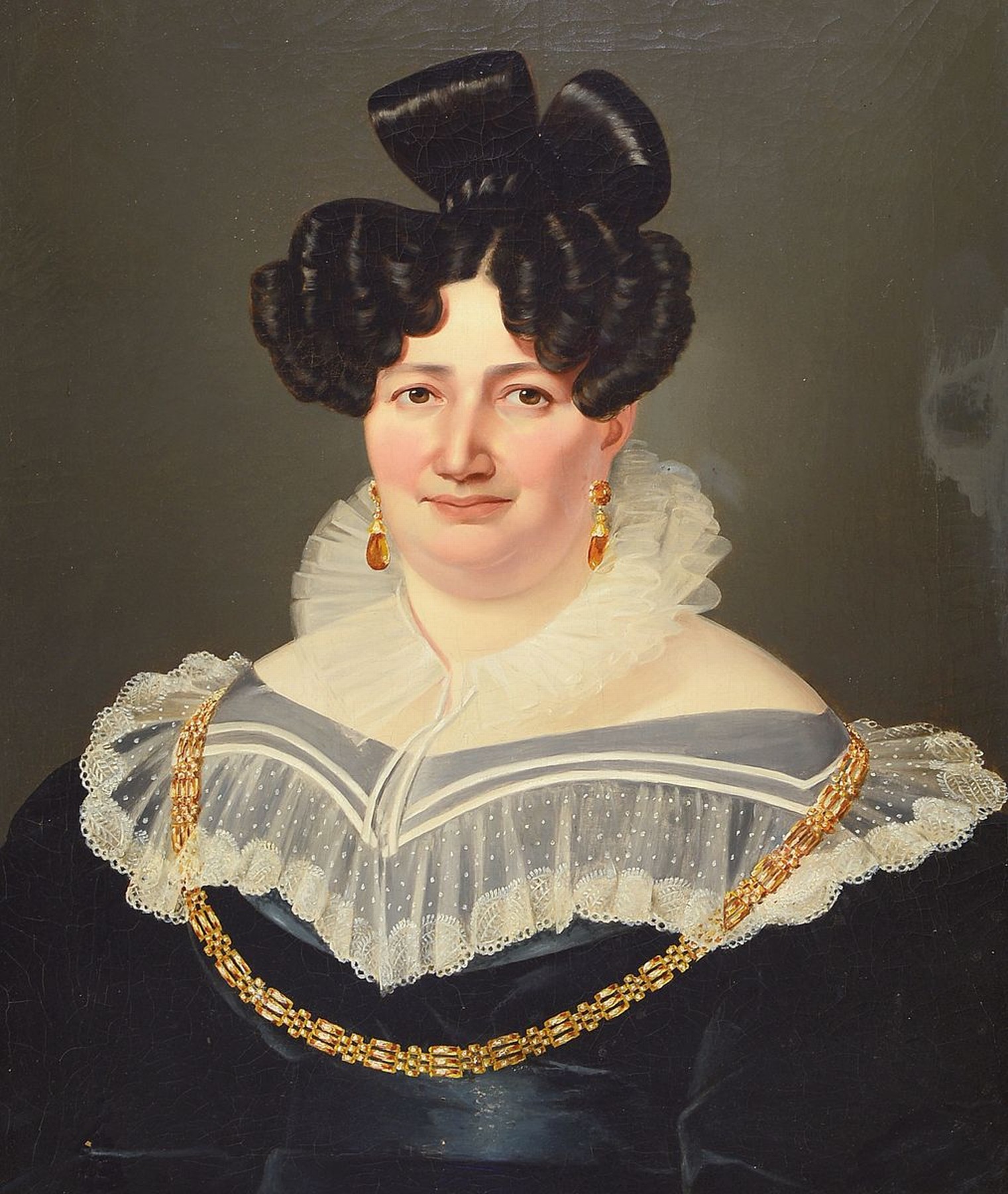 Unbekannter Künstler des frühen 19.Jh., Biedermeierporträt um 1820/30, Bildnis einer Dame mit opulenter demi-parure in Gold, breitem Spitzenkragen ...