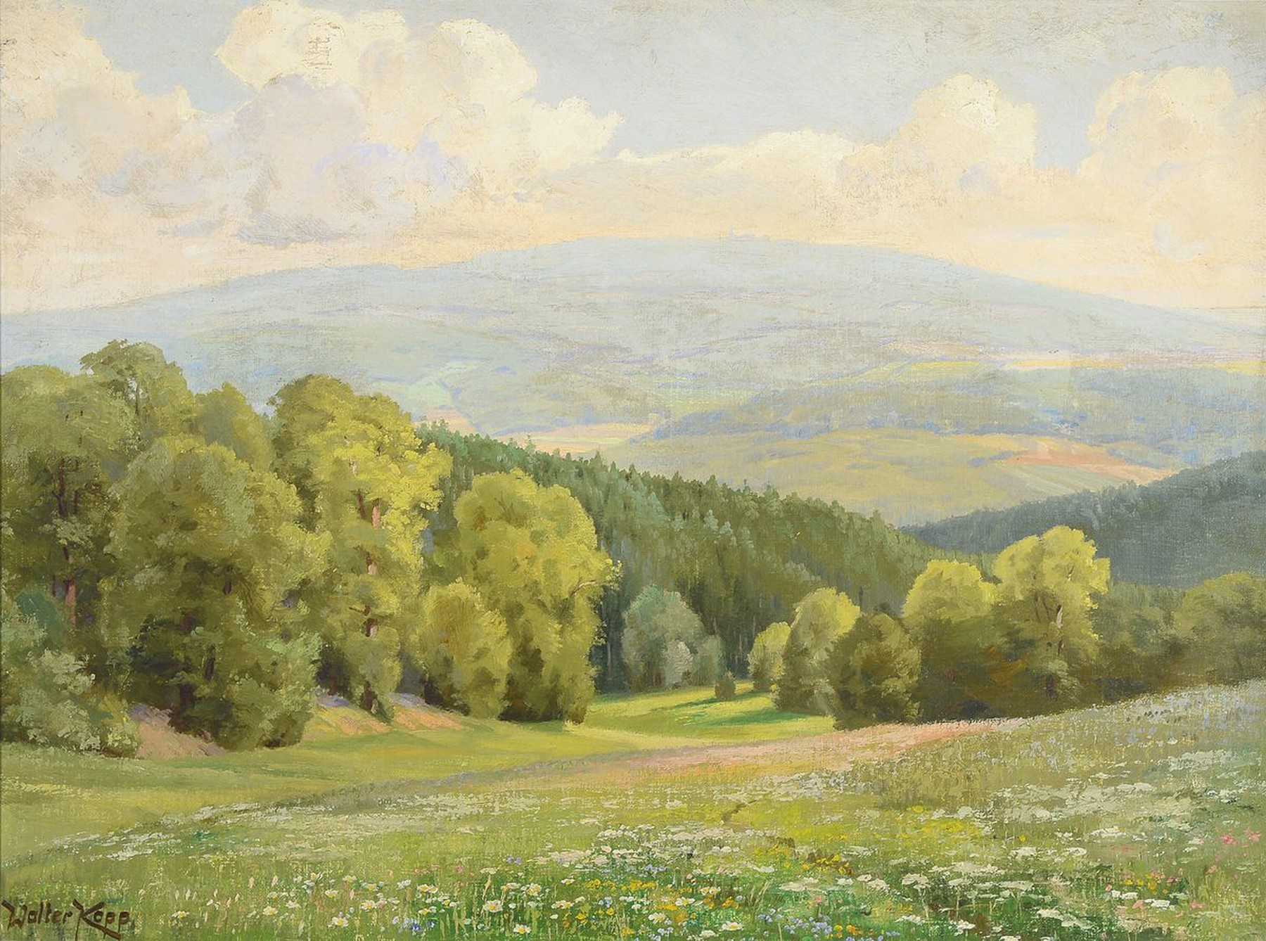 Walter Kopp, 1877 Leipzig - 1956, sächsische Sommerlandschaft, links unten signiert, Öl/Lwd, Rahmen mit Plakette "Herrn Dr. Hughes...Der ...