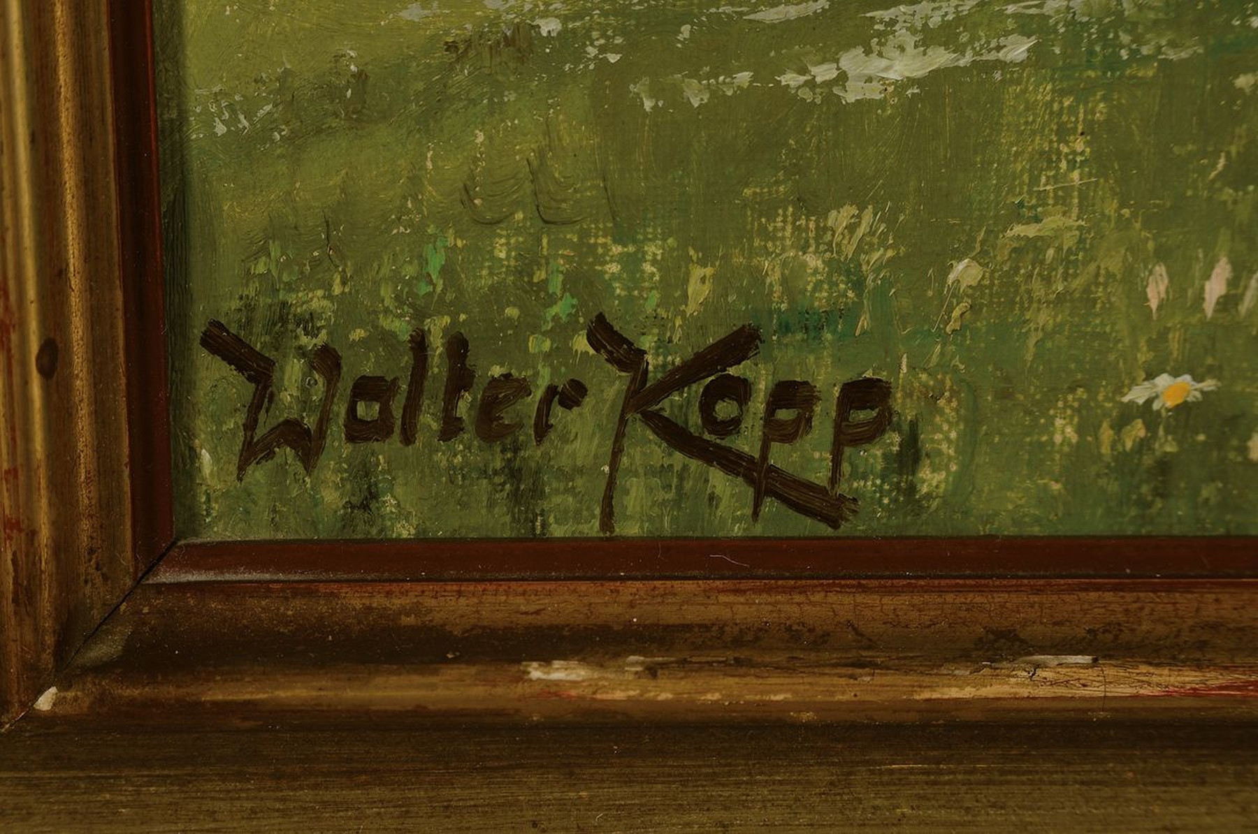 Detail a: Walter Kopp, 1877 Leipzig - 1956, sächsische Sommerlandschaft, links unten signiert, Öl/Lwd, Rahmen mit Plakette "Herrn Dr. Hughes...Der ...