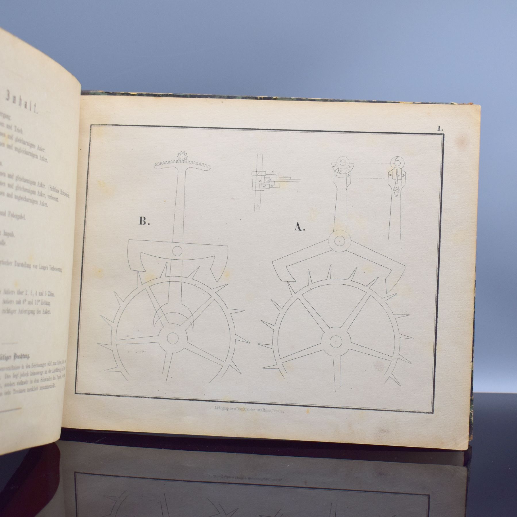 Detail b: MORITZ GROSSMANN "Der freie Ankergang für Uhren" Atlas mit 20 Tafeln & 2 weitere Bücher, Glashütte 1866, grün-schwarz marmorierter ...
