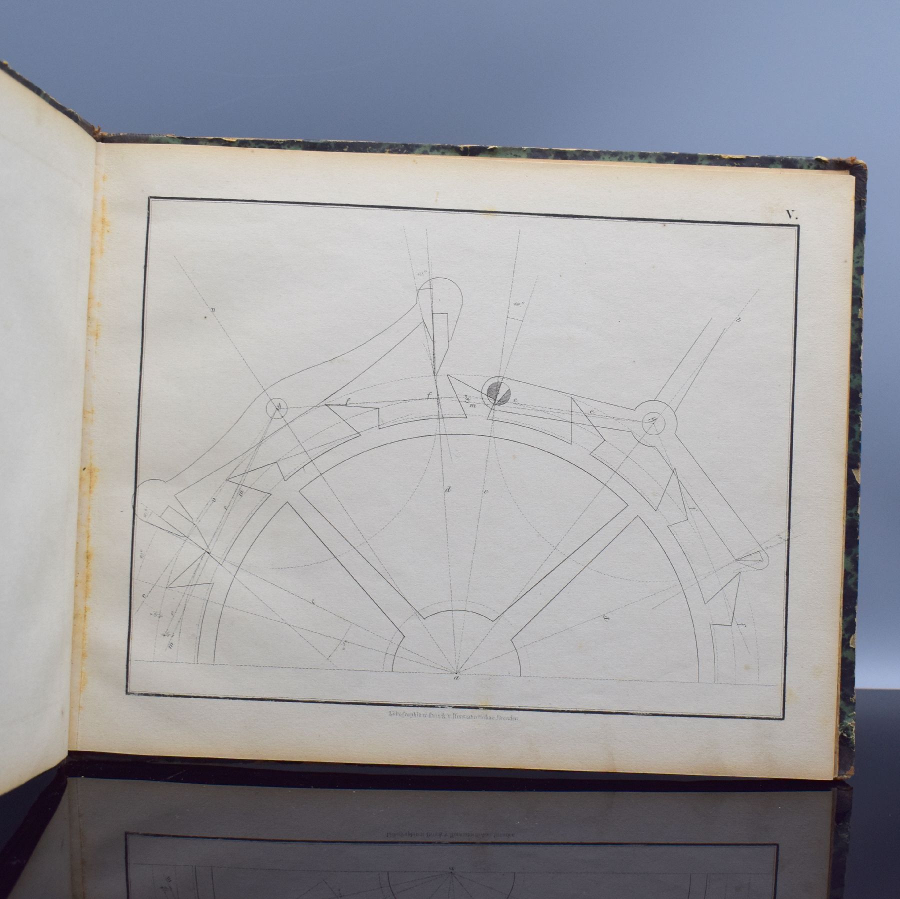 Detail c: MORITZ GROSSMANN "Der freie Ankergang für Uhren" Atlas mit 20 Tafeln & 2 weitere Bücher, Glashütte 1866, grün-schwarz marmorierter ...