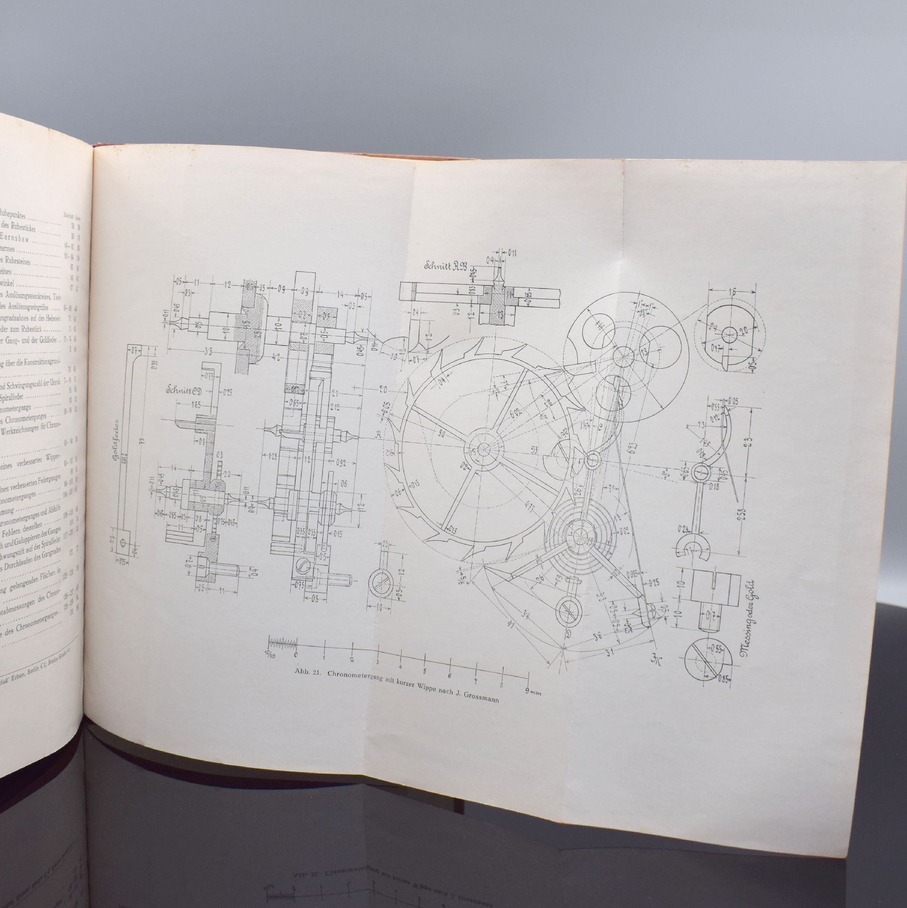 Detail e: MORITZ GROSSMANN "Der freie Ankergang für Uhren" Atlas mit 20 Tafeln & 2 weitere Bücher, Glashütte 1866, grün-schwarz marmorierter ...