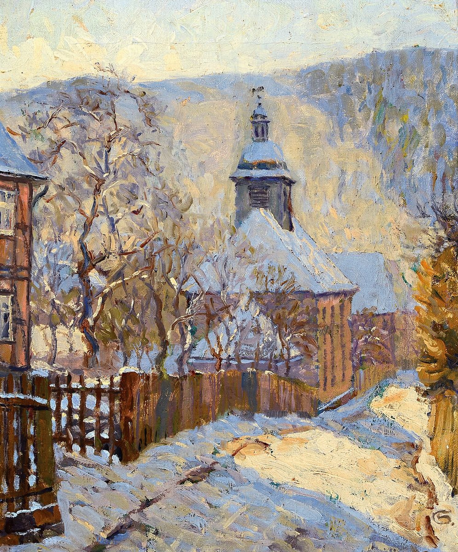 Rudolf Siegmund, 1881 Bürgel - 1973 Bad Soden , Studium an der Kunstschule Weimar bei Ludwig v. Hofmann, "Schneelandschaft" so verso bez., ...