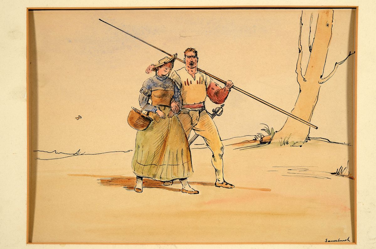 Detail k: Hans Sauerbruch, 1910 Marburg-1996 Konstanz, Wer in den Krieg ziehen will, der soll gerüstet sein... Tusche und Aquarell auf Papier, gebräunt, ...