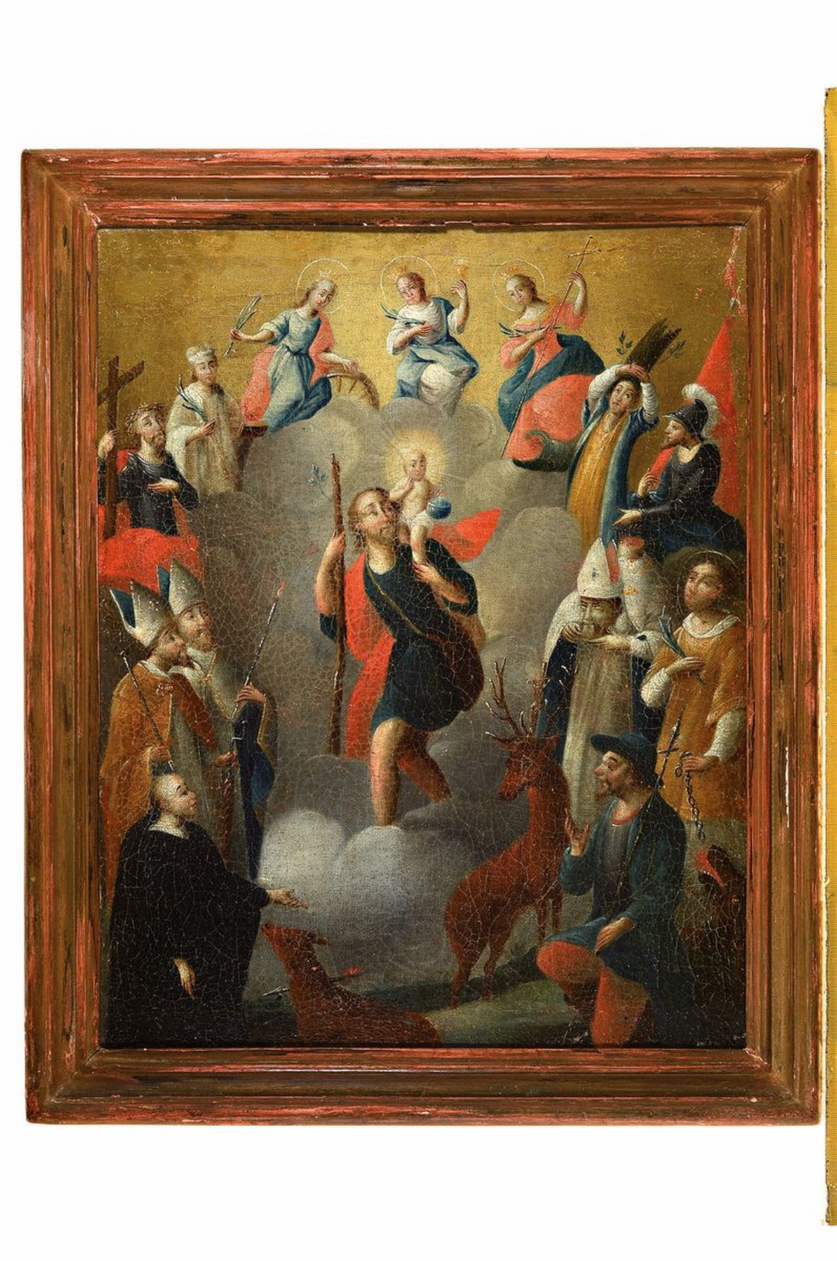 Detail k: Heiligenbild, Unbekannter Künstler des 18.Jh. , Hl. Christophorus in einer Mandorla aus Partonatsheiligen u.a. die Heiligen Katharina, Leonhard, ...
